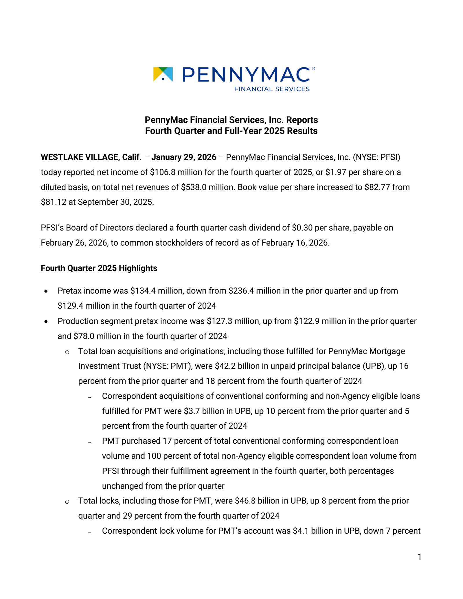 PennyMac Financial Services' Q4 2025 Press Release