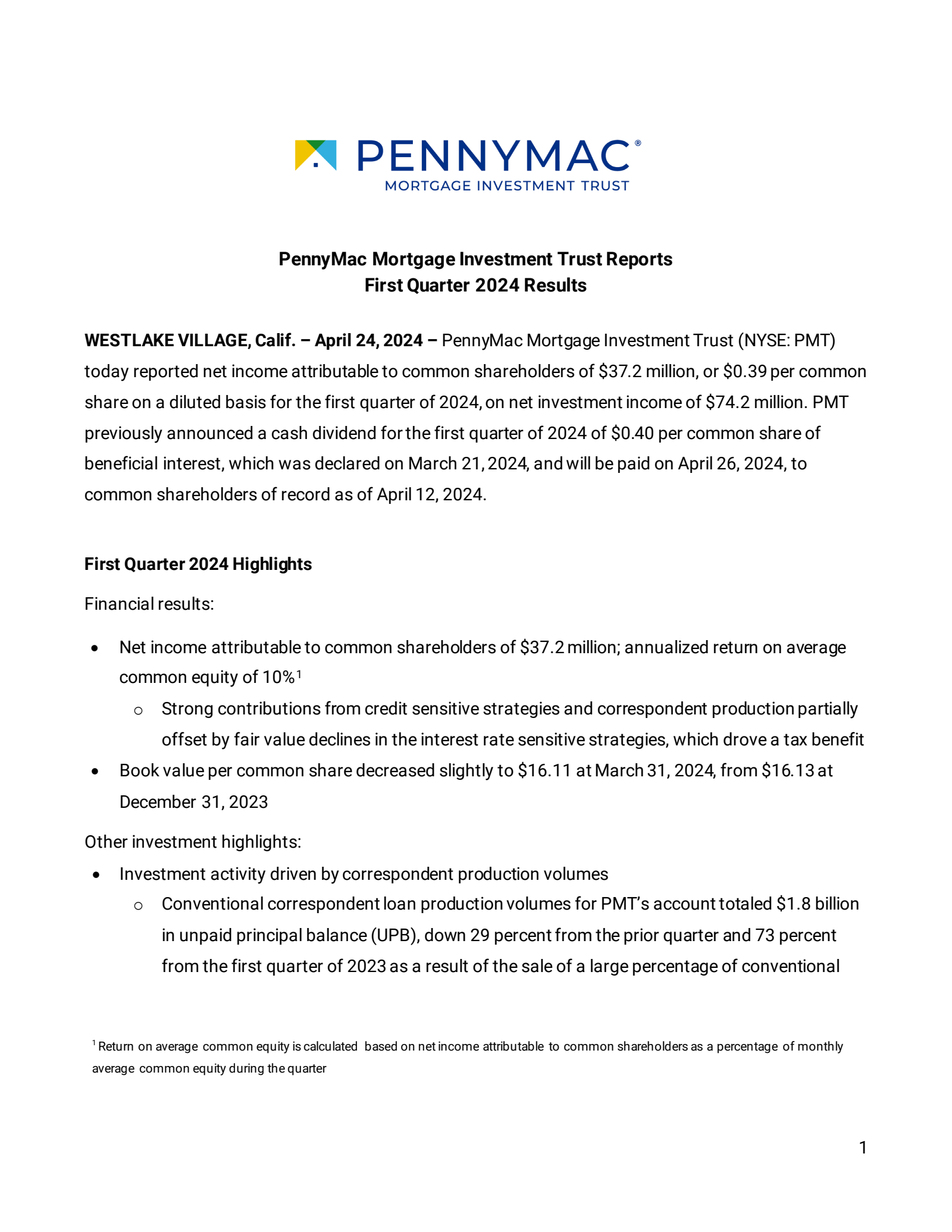PennyMac Mortgage Investment Trust's Q1 2024 Press Release