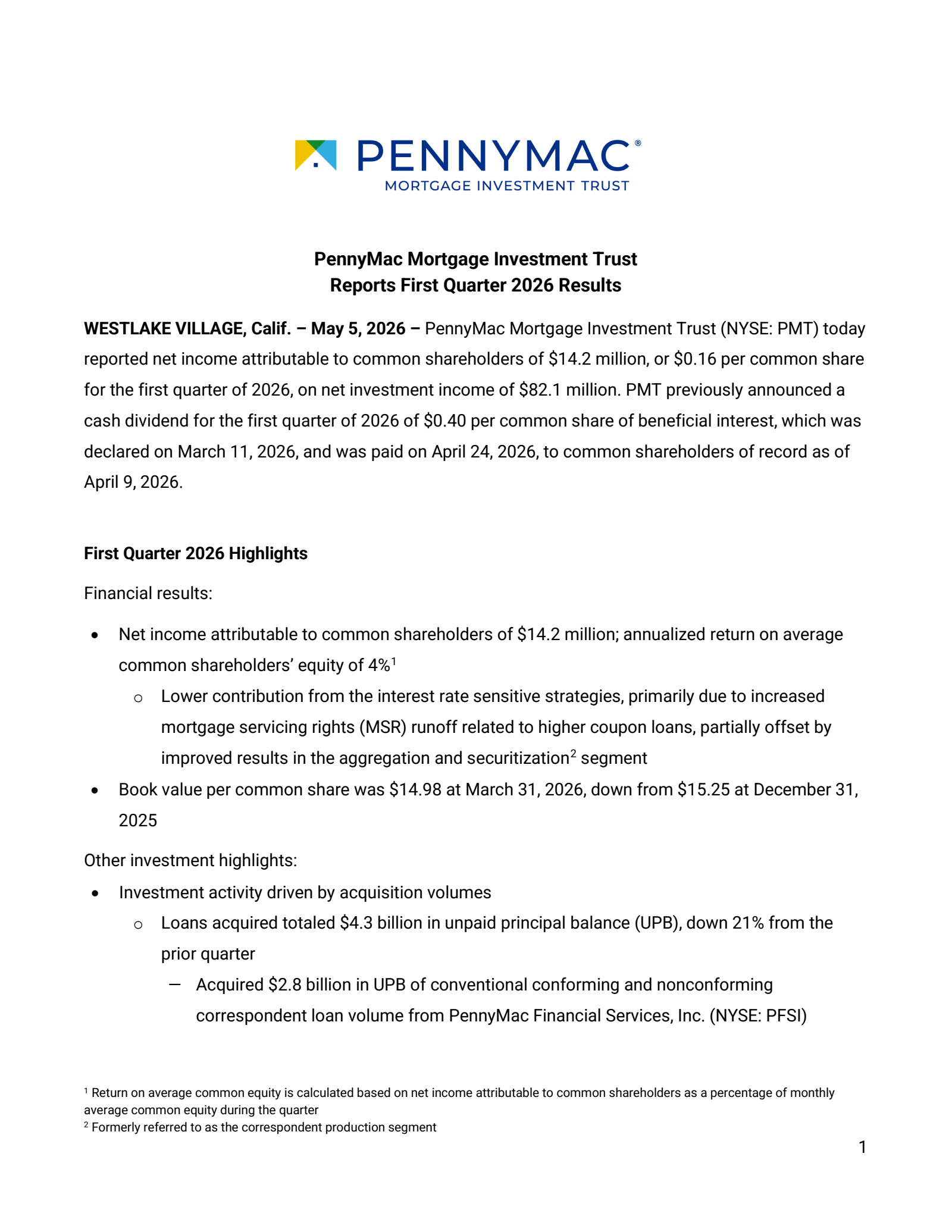 PennyMac Mortgage Investment Trust's Q1 2026 Press Release