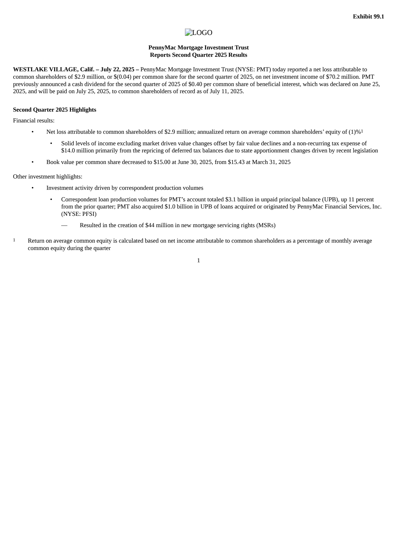 PennyMac Mortgage Investment Trust's Q2 2025 Press Release