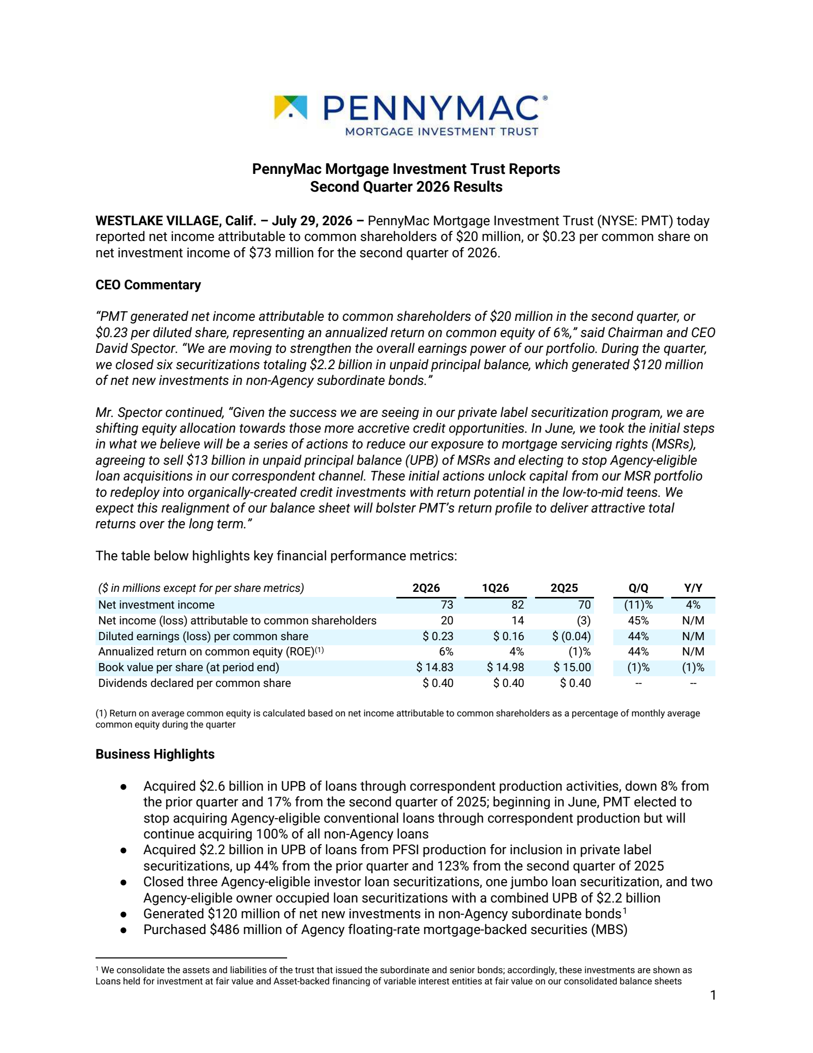 PennyMac Mortgage Investment Trust's Q2 2026 Press Release