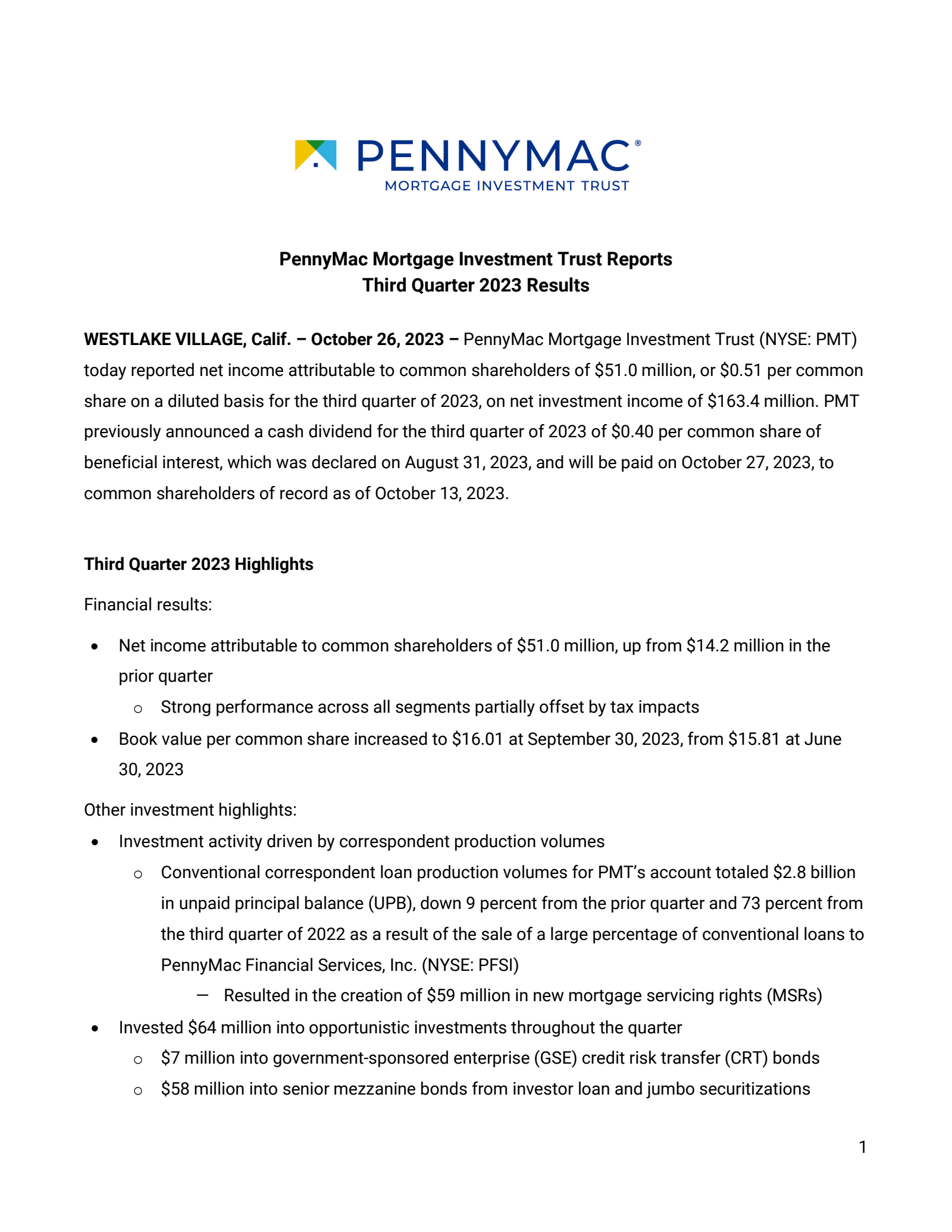 PennyMac Mortgage Investment Trust's Q3 2023 Press Release