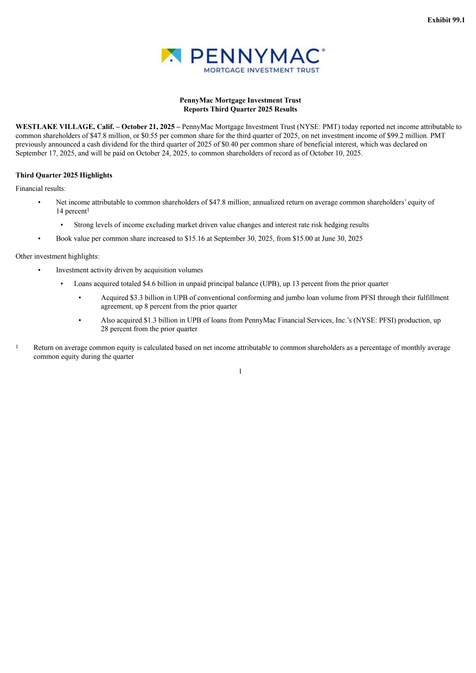 PennyMac Mortgage Investment Trust's Q3 2025 Earnings Release