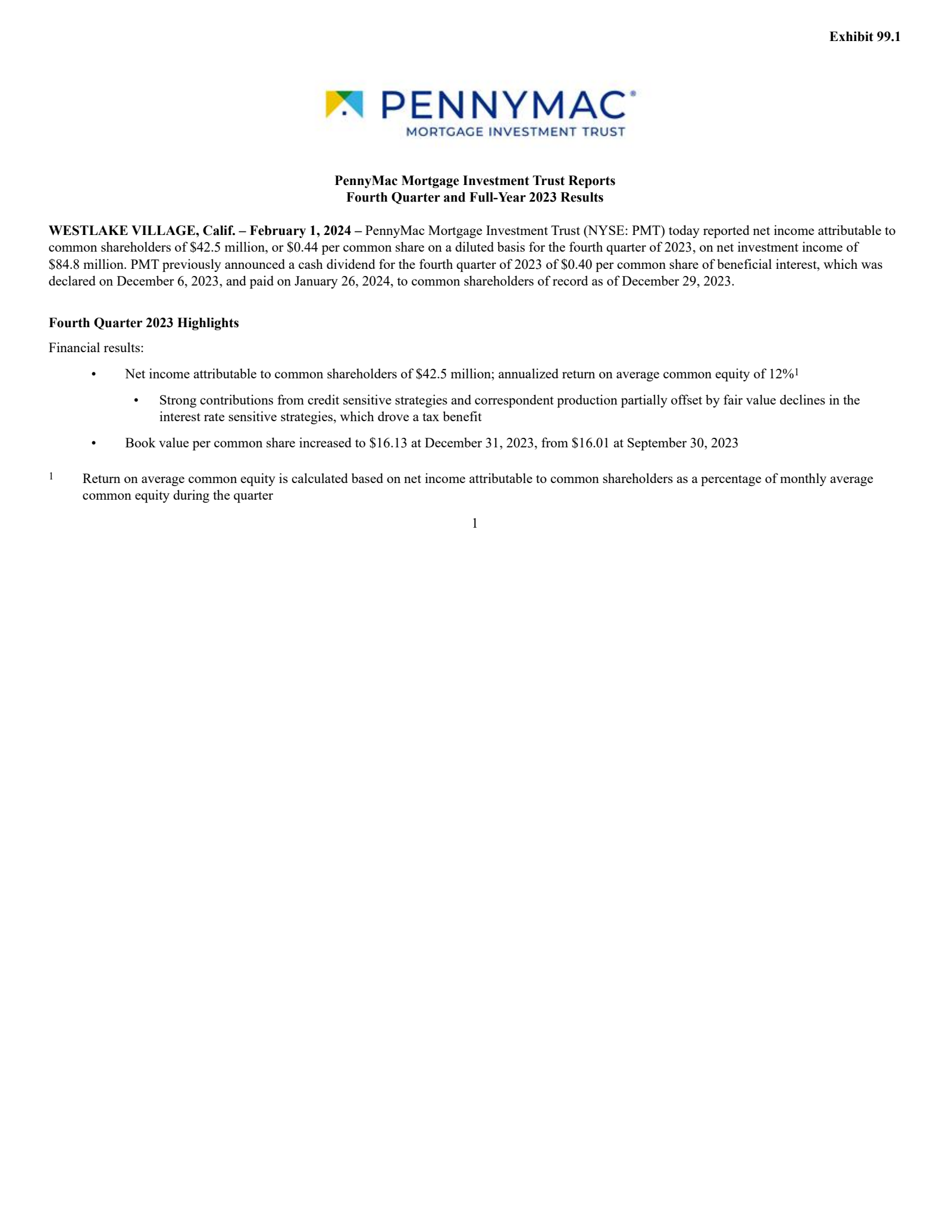 PennyMac Mortgage Investment Trust's Q4 2023 Press Release