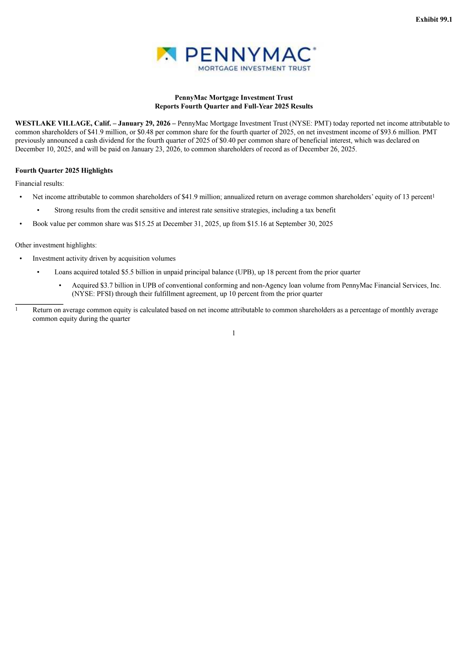PennyMac Mortgage Investment Trust's Q4 2025 Press Release