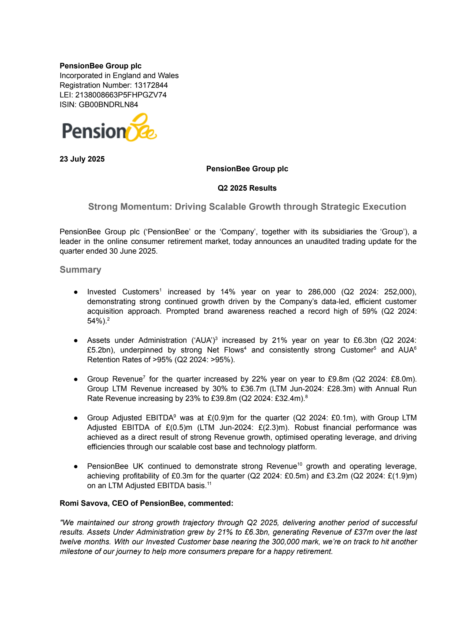 PensionBee Group's Q2 2025 TU Interim report