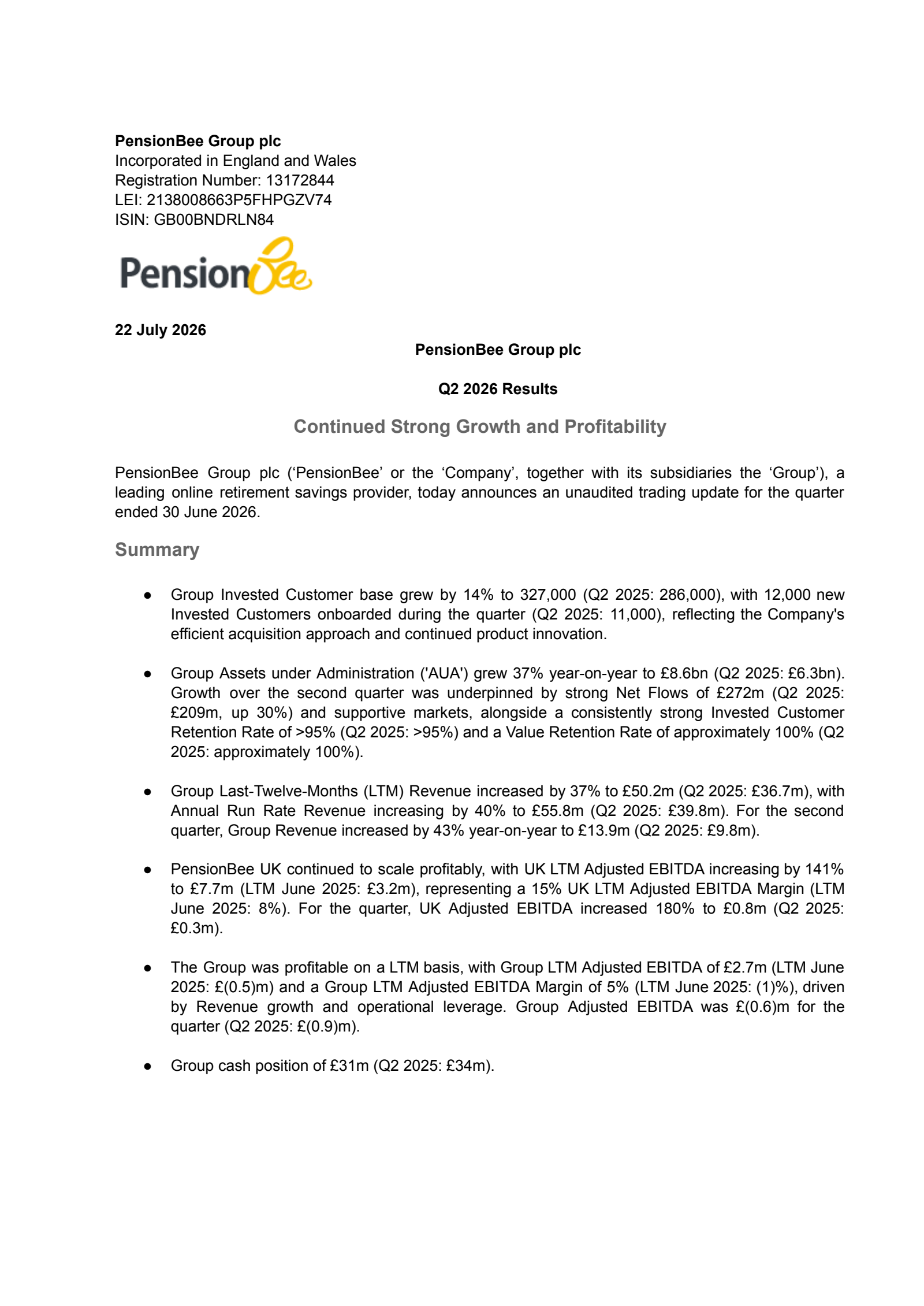 PensionBee Group's Q2 2026 TU Press Release