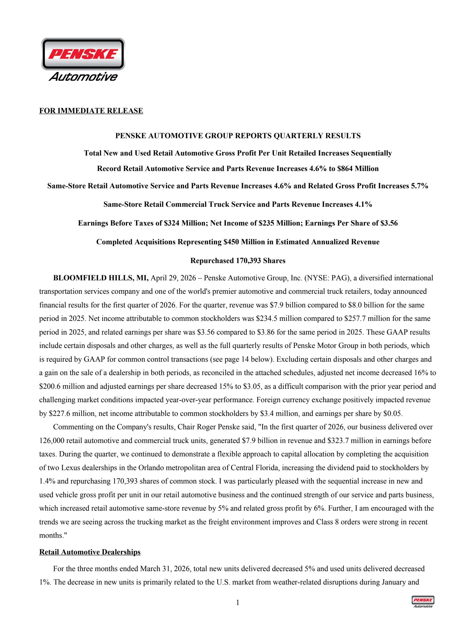 Penske Automotive Group's Q1 2026 Press Release