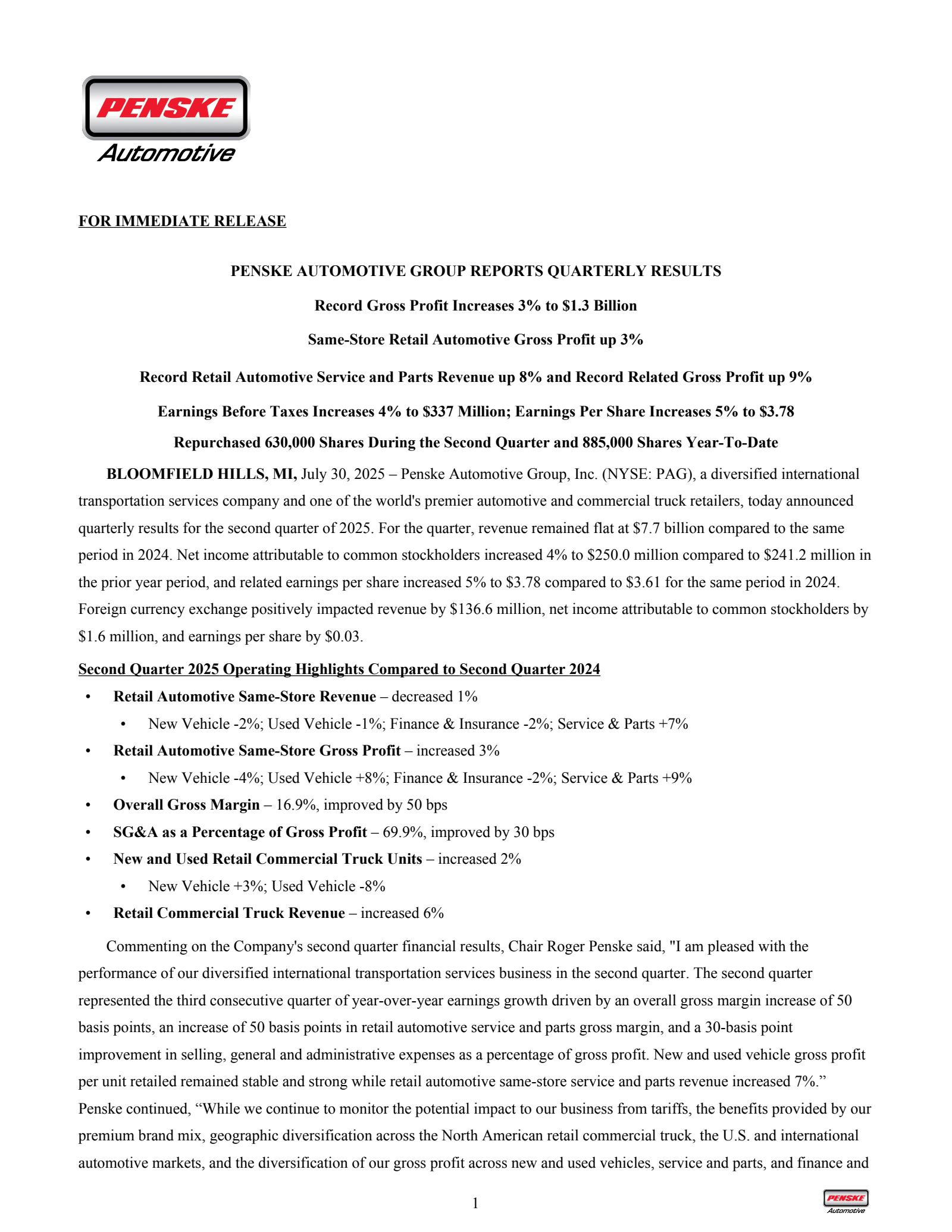 Penske Automotive Group's Q2 2025 Press Release