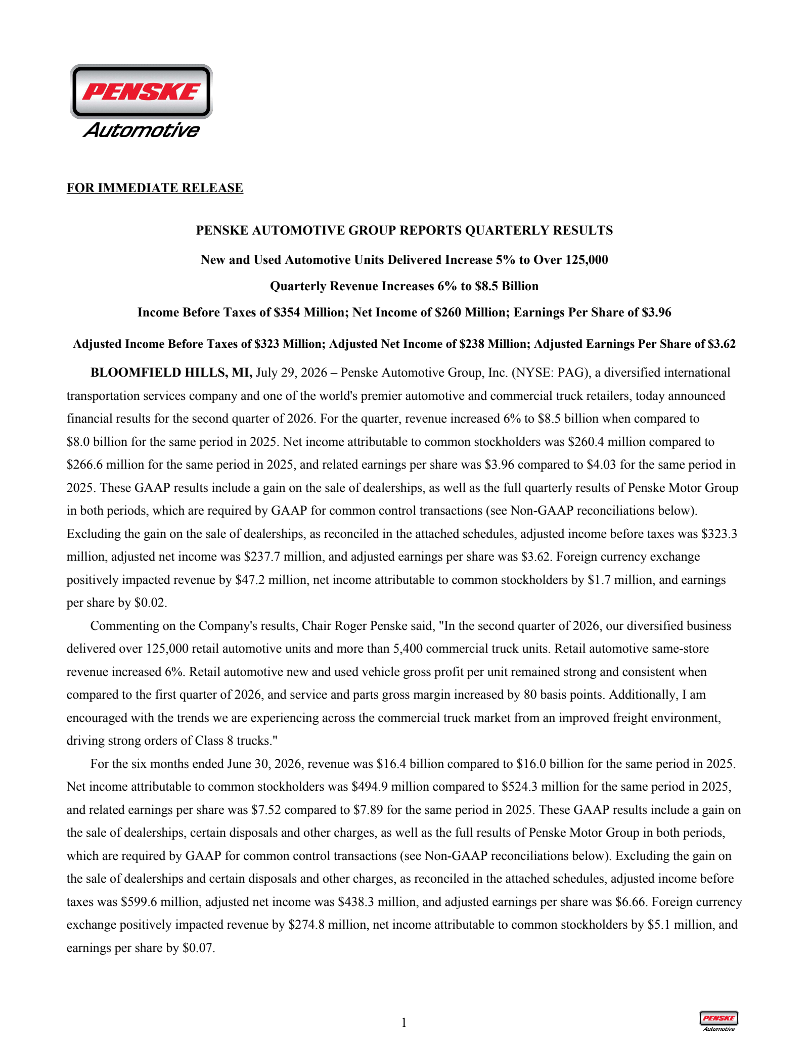 Penske Automotive Group's Q2 2026 Press Release