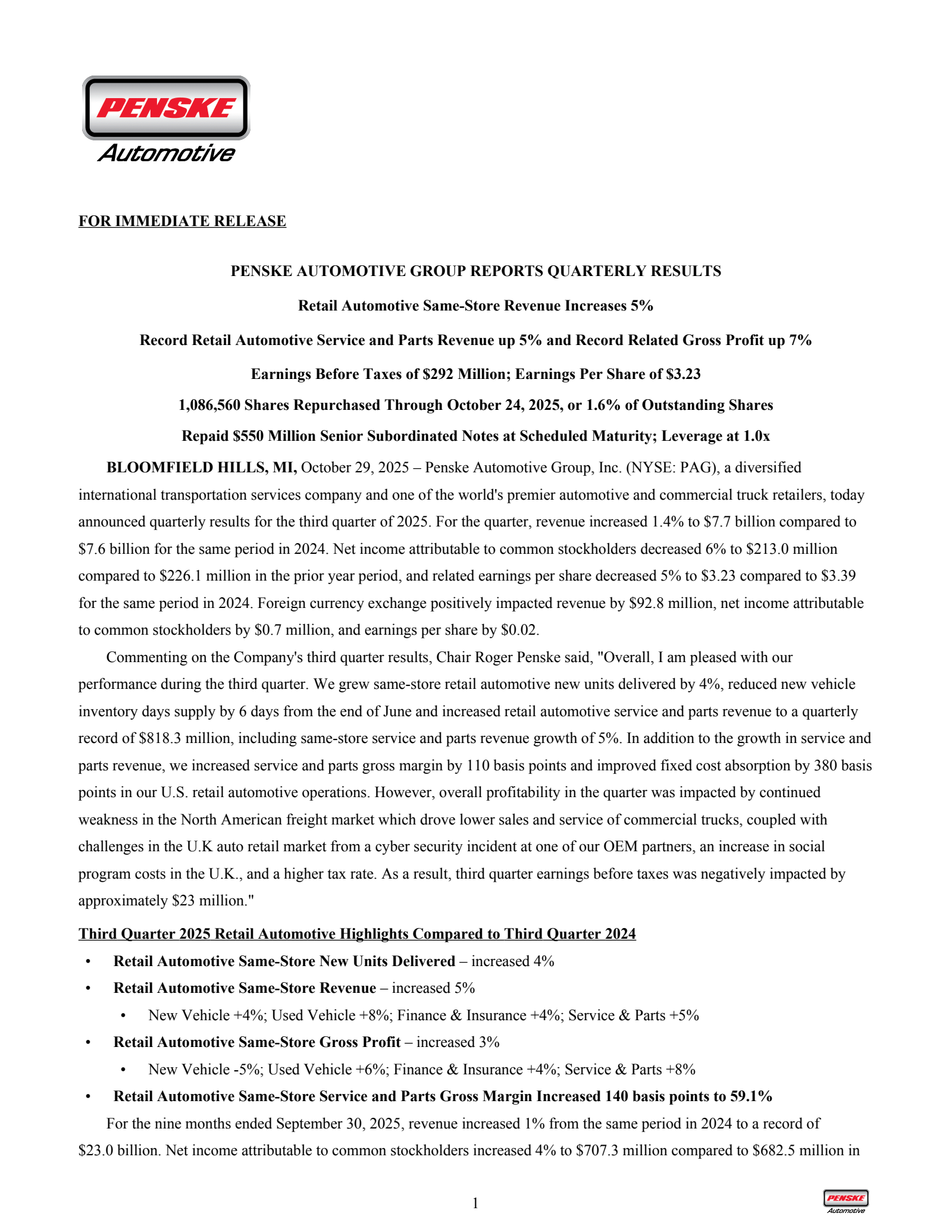 Penske Automotive Group's Q3 2025 Earnings Release