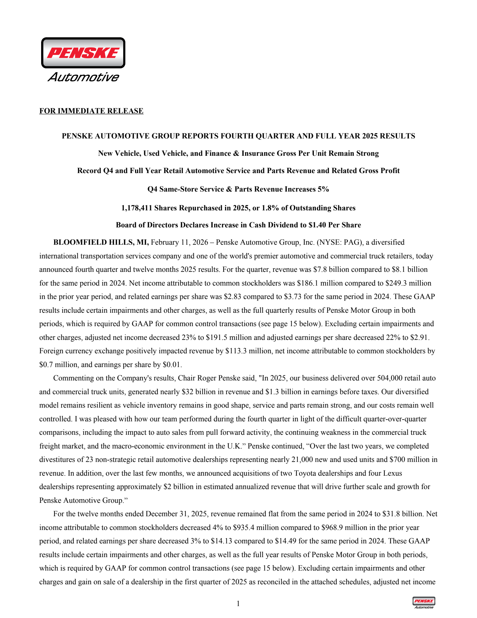 Penske Automotive Group's Q4 2025 Press Release