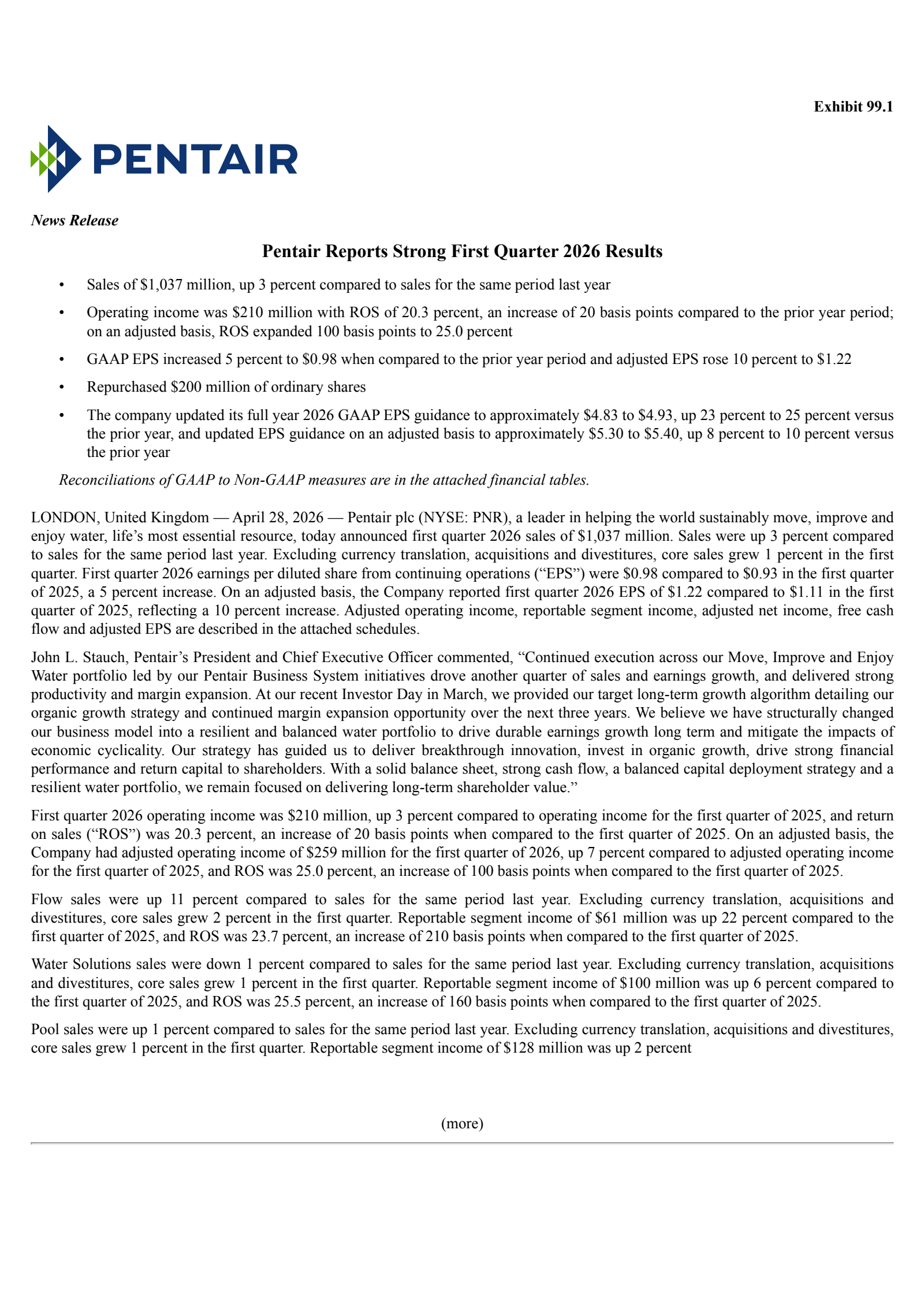 Pentair's Q1 2026 Press Release