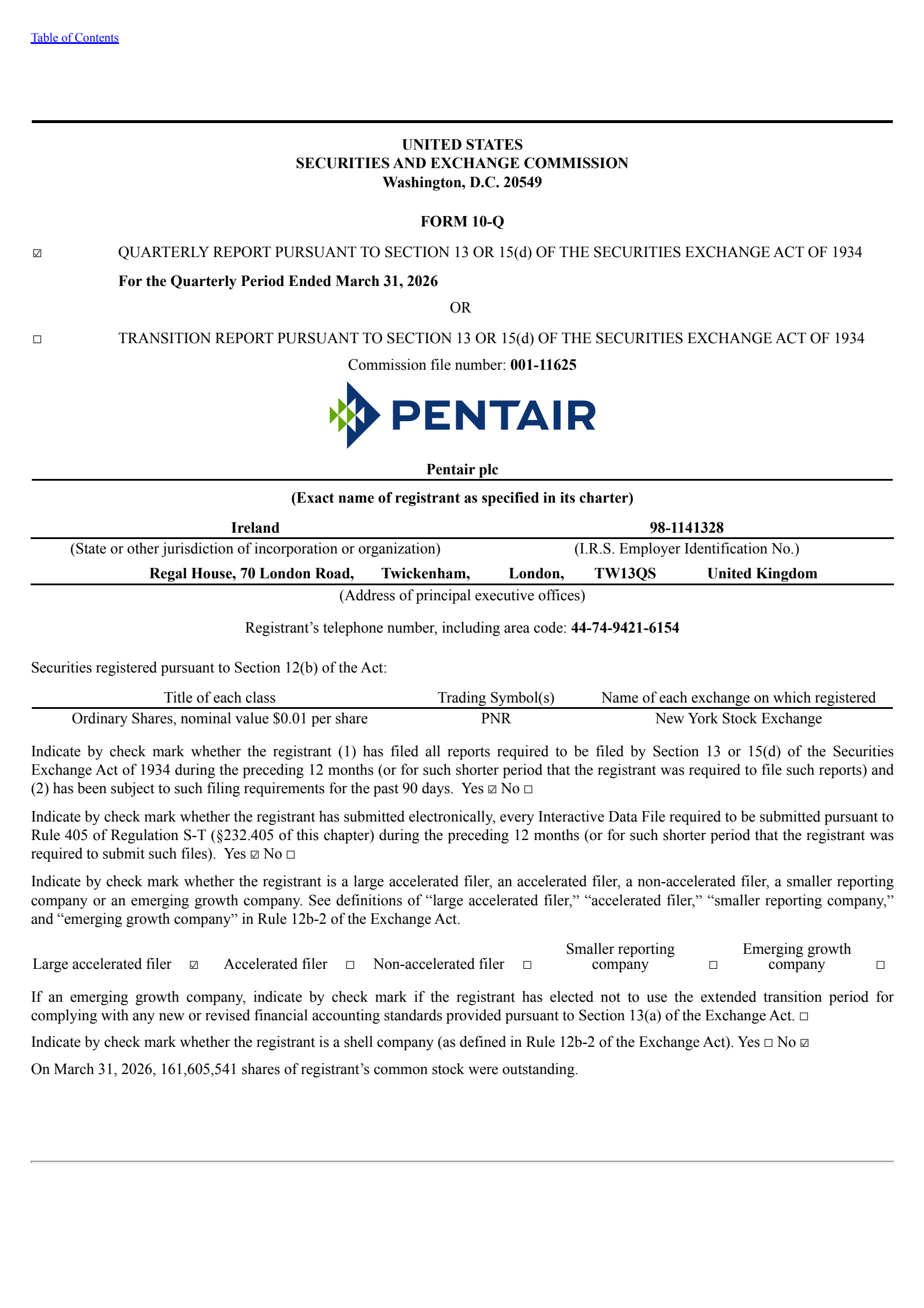 Pentair's Q1 2026 Quarterly report