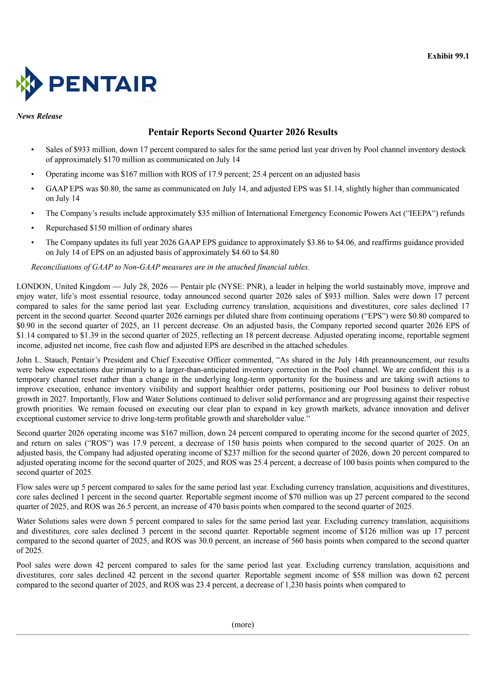 Pentair's Q2 2026 Press Release