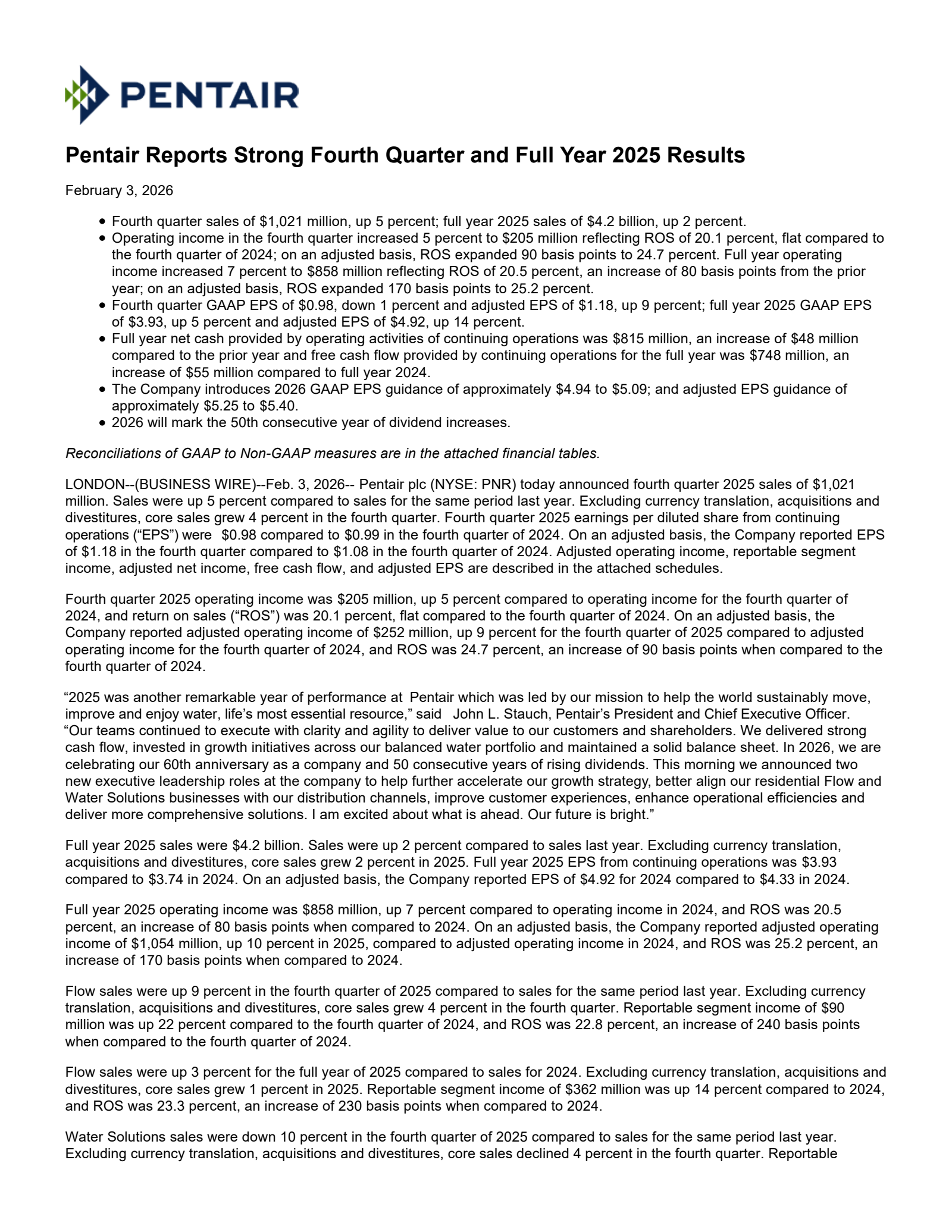 Pentair's Q4 2025 Press Release