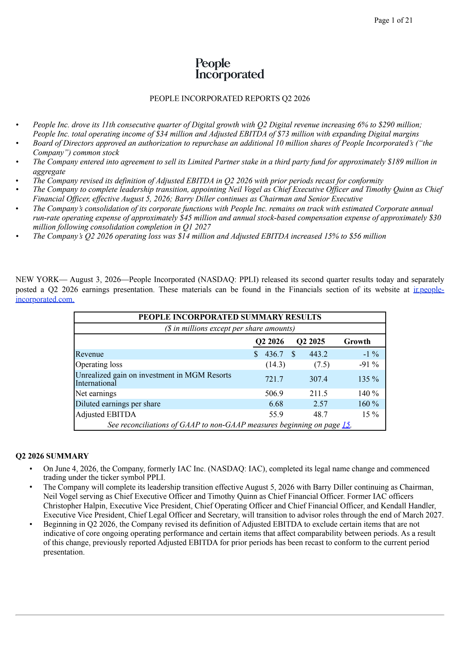 People Incorporated Common Stock's Q2 2026 Press Release