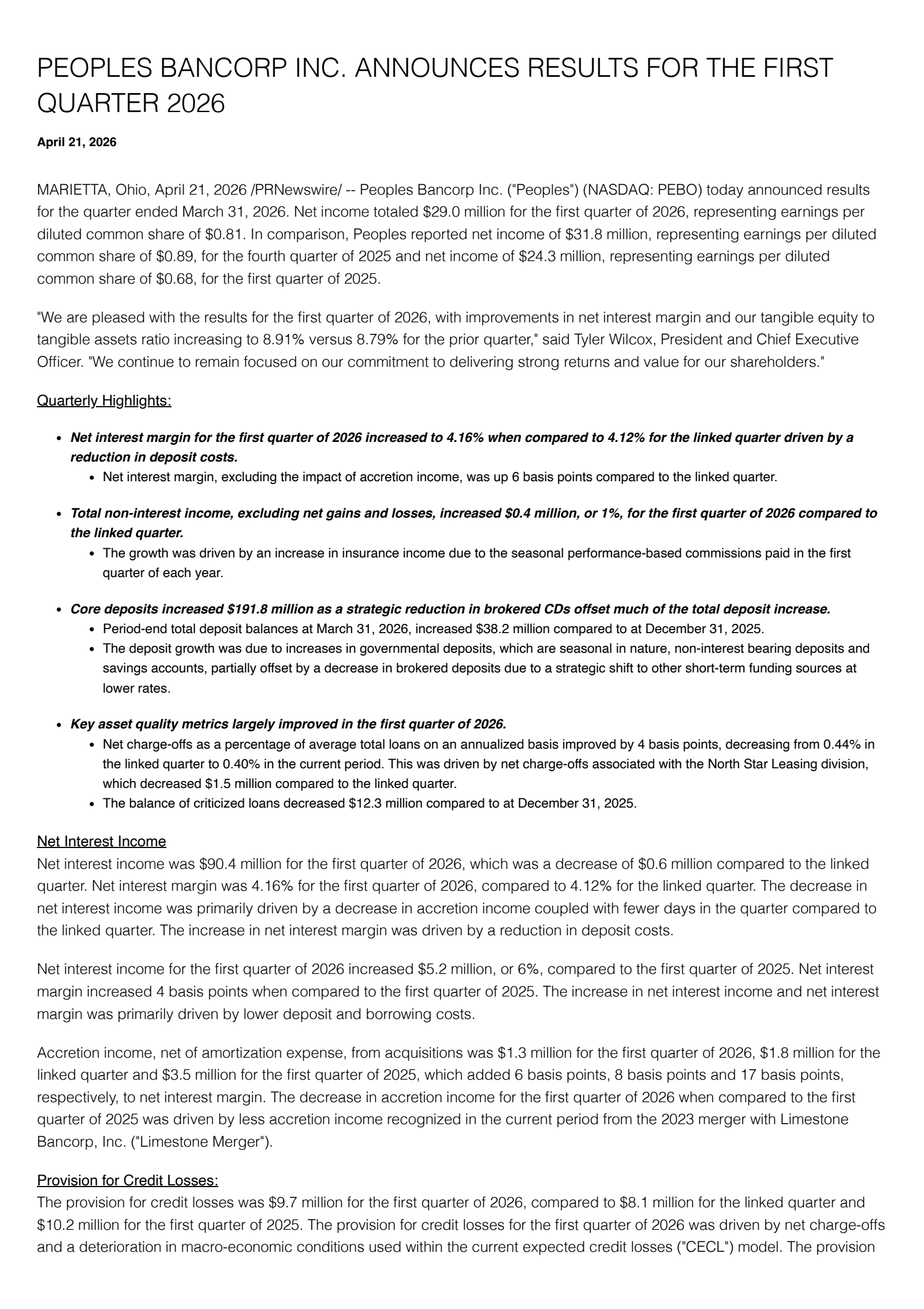 Peoples Bancorp's Q1 2026 Press Release