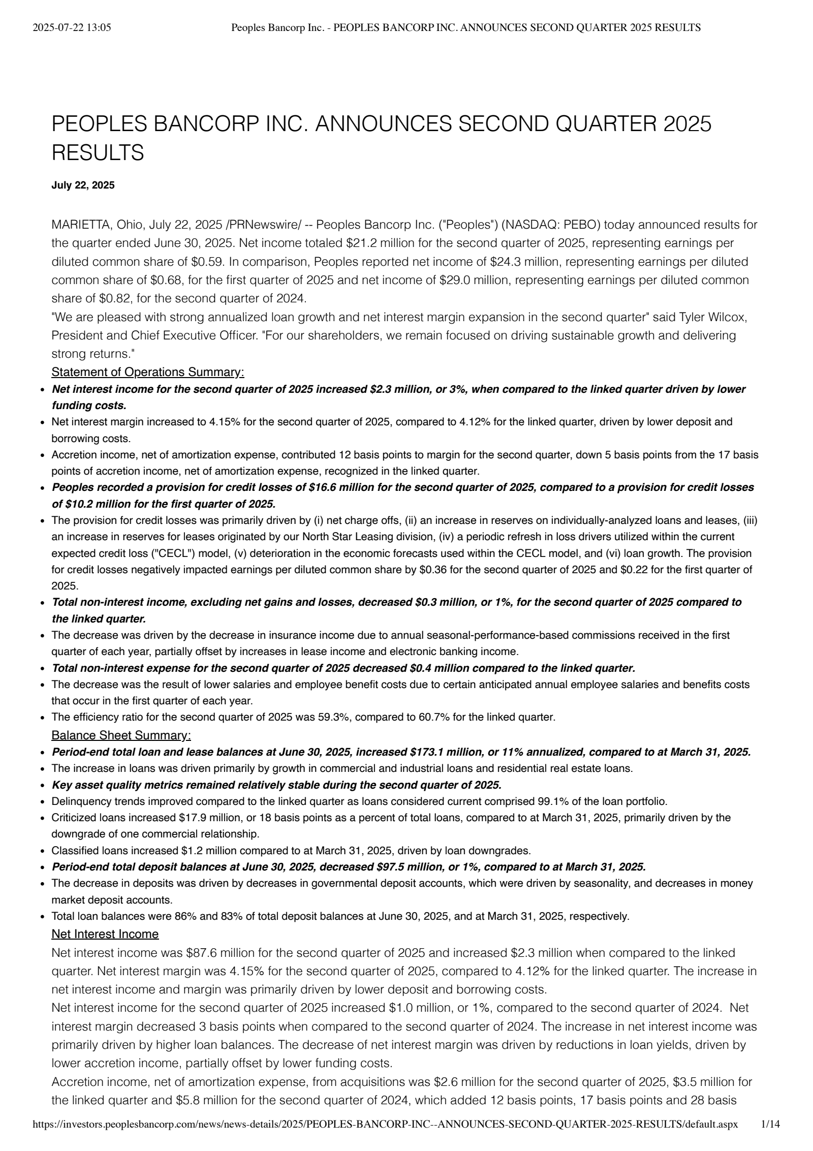 Peoples Bancorp's Q2 2025 Press Release