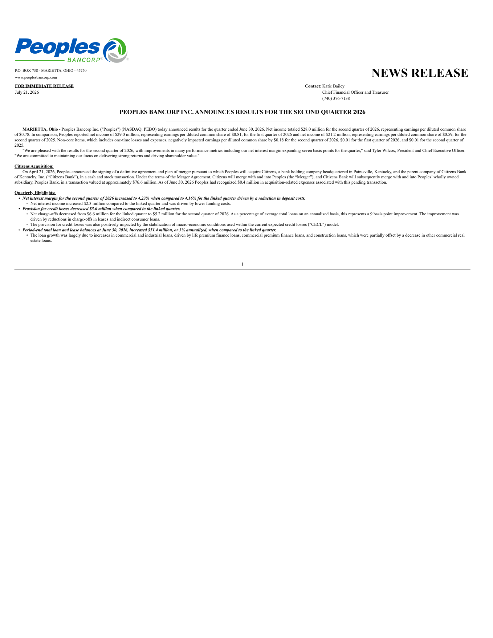 Peoples Bancorp's Q2 2026 Press Release