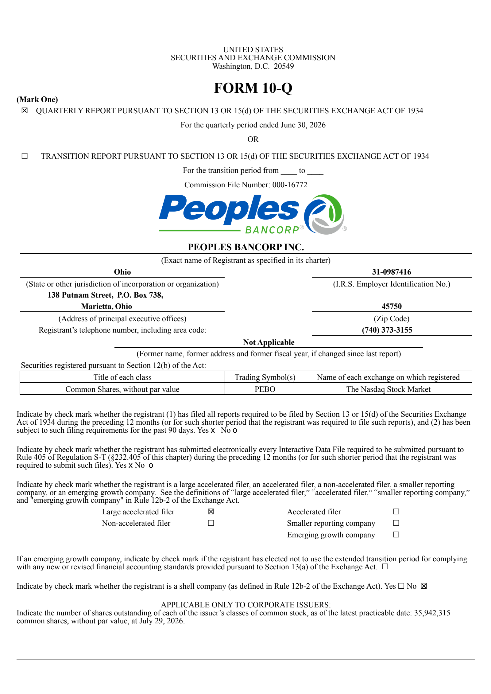 Peoples Bancorp's Q2 2026 Quarterly report