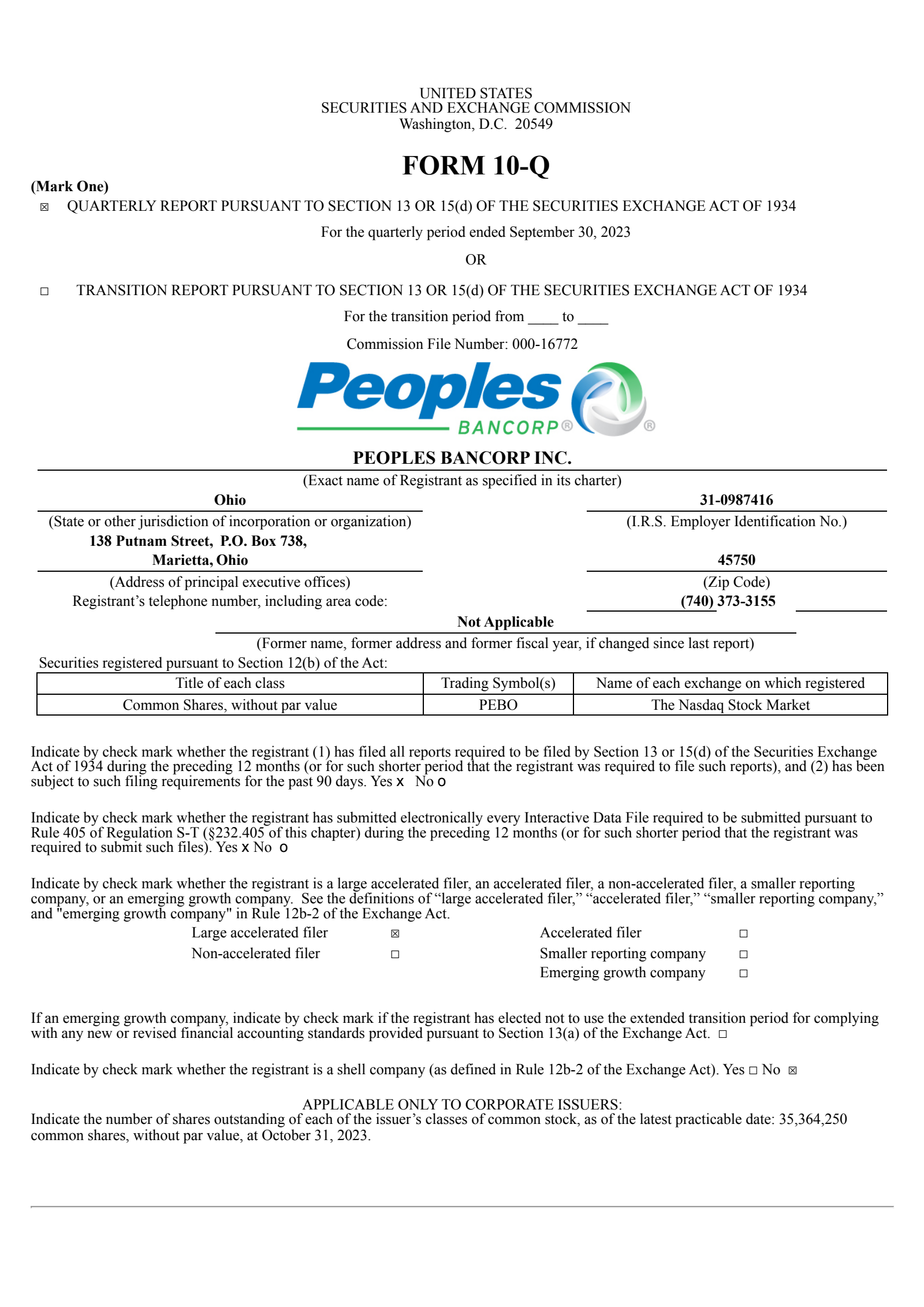 Peoples Bancorp's Q3 2023 Quarterly report