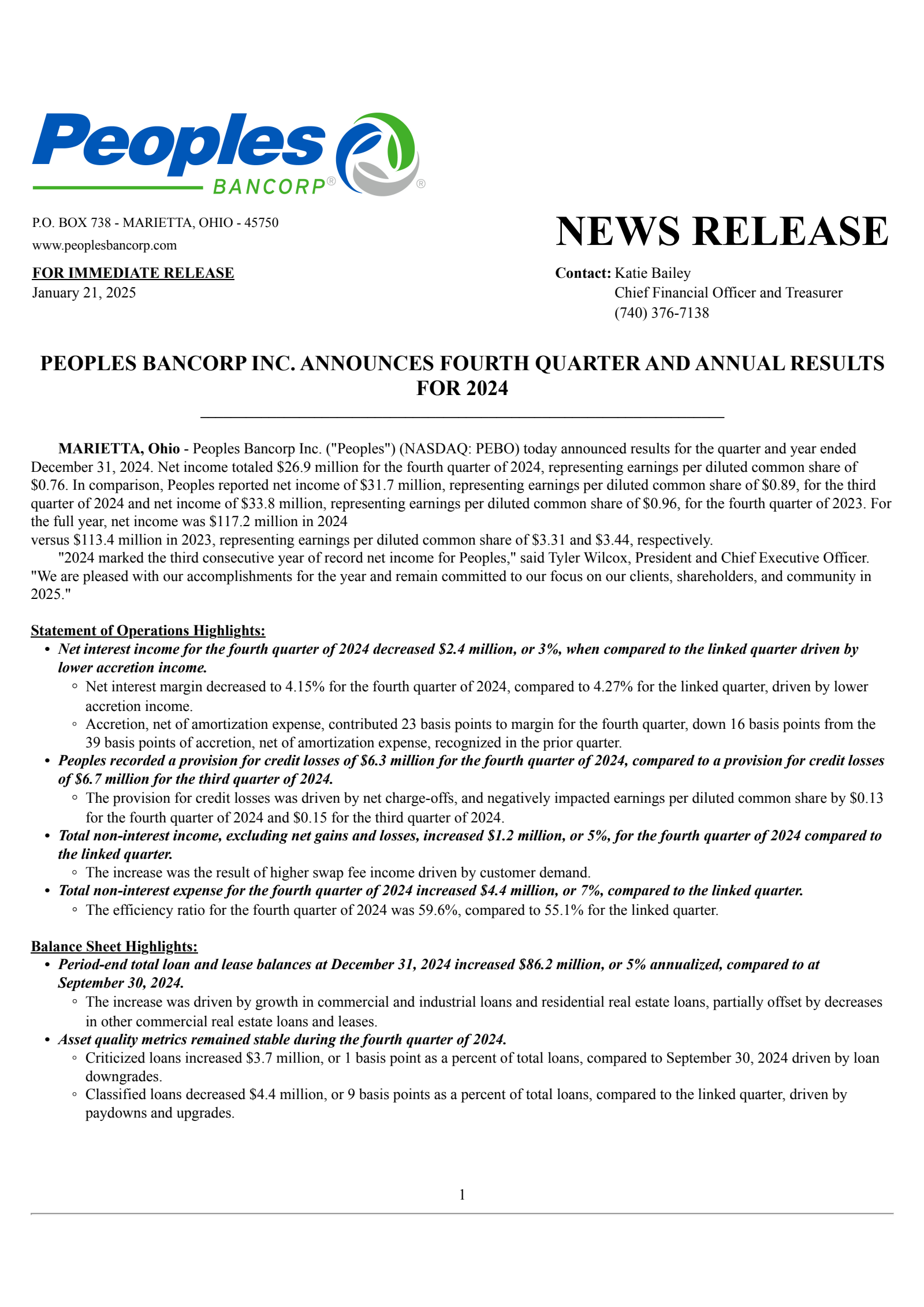 Peoples Bancorp's Q4 2024 Press Release
