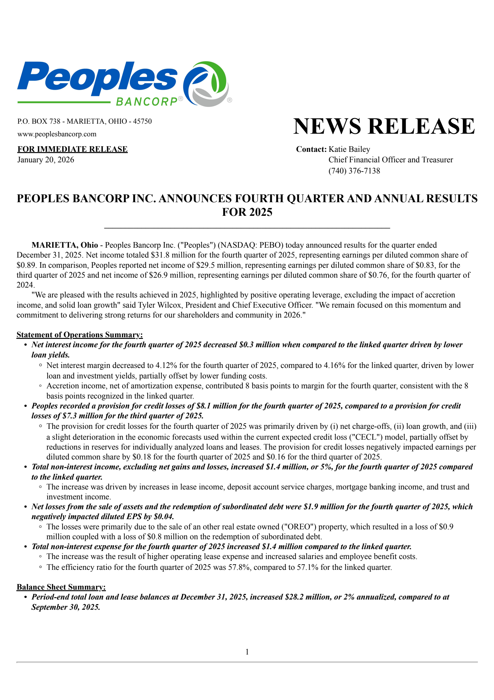 Peoples Bancorp's Q4 2025 Press Release
