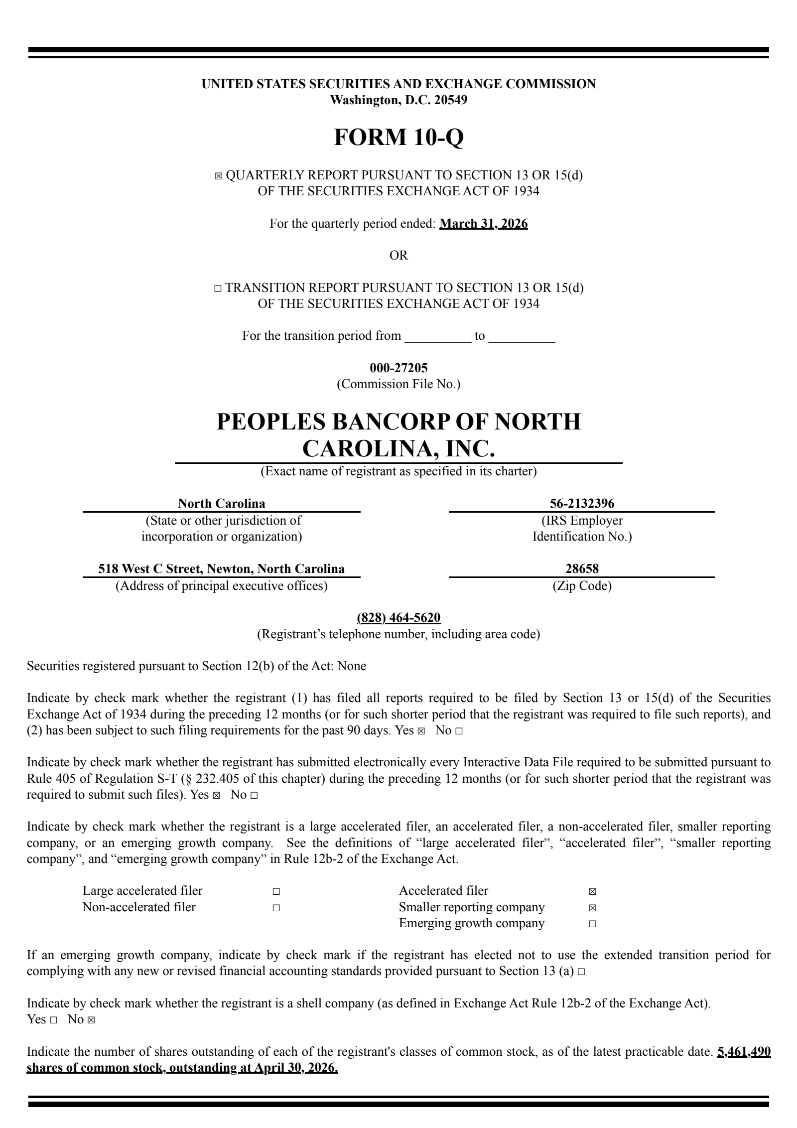 Peoples Bancorp of North Carolina's Q1 2026 Quarterly report
