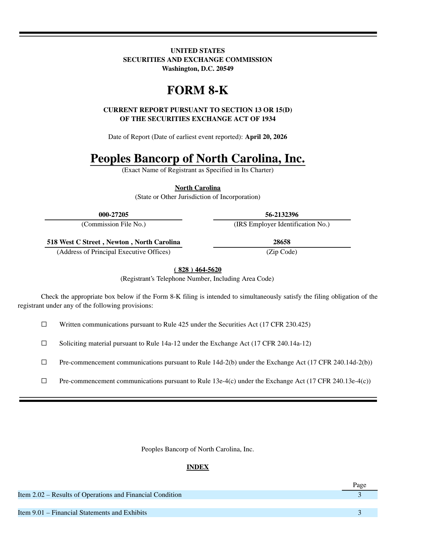 Peoples Bancorp of North Carolina's Q1 2026 Press Release