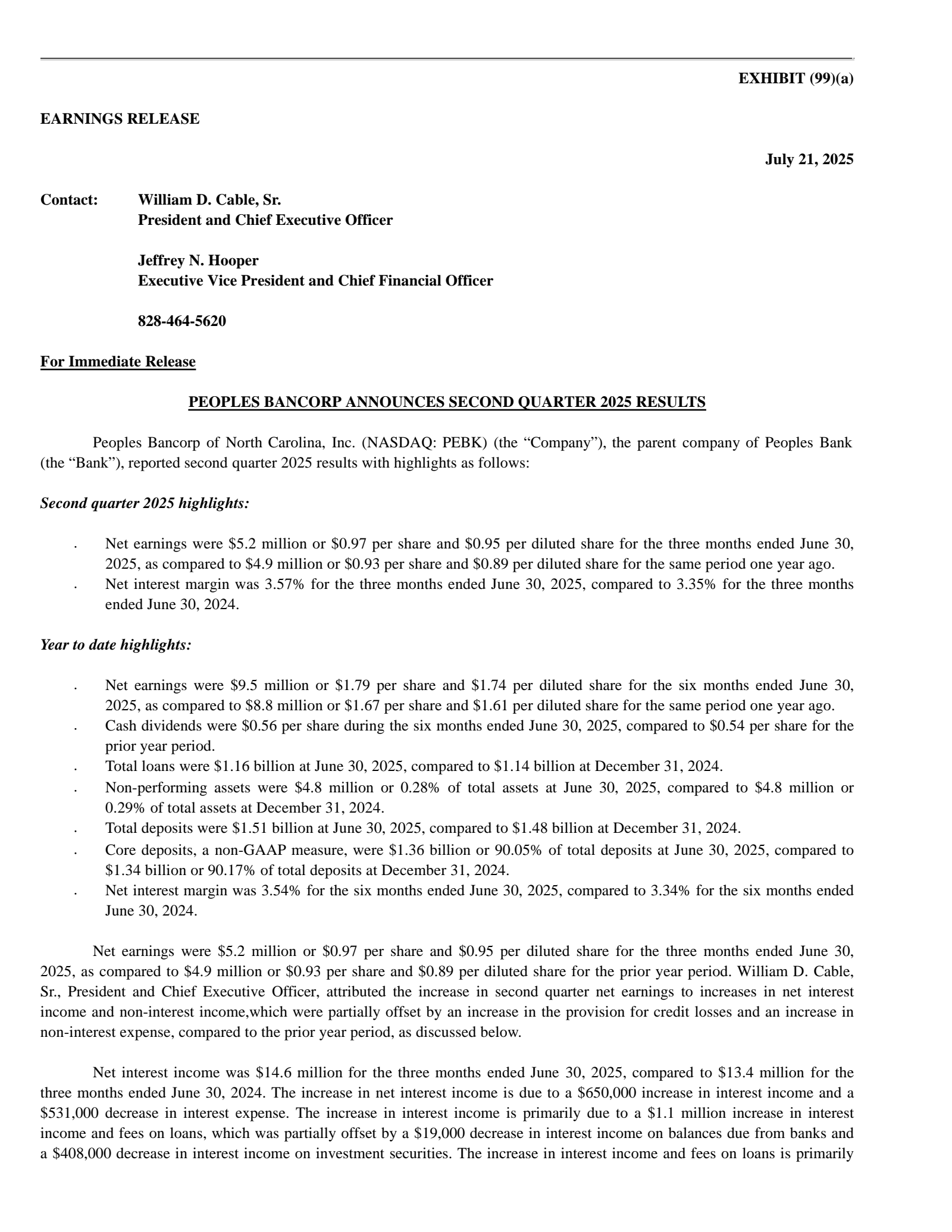 Peoples Bancorp of North Carolina's Q2 2025 Press Release