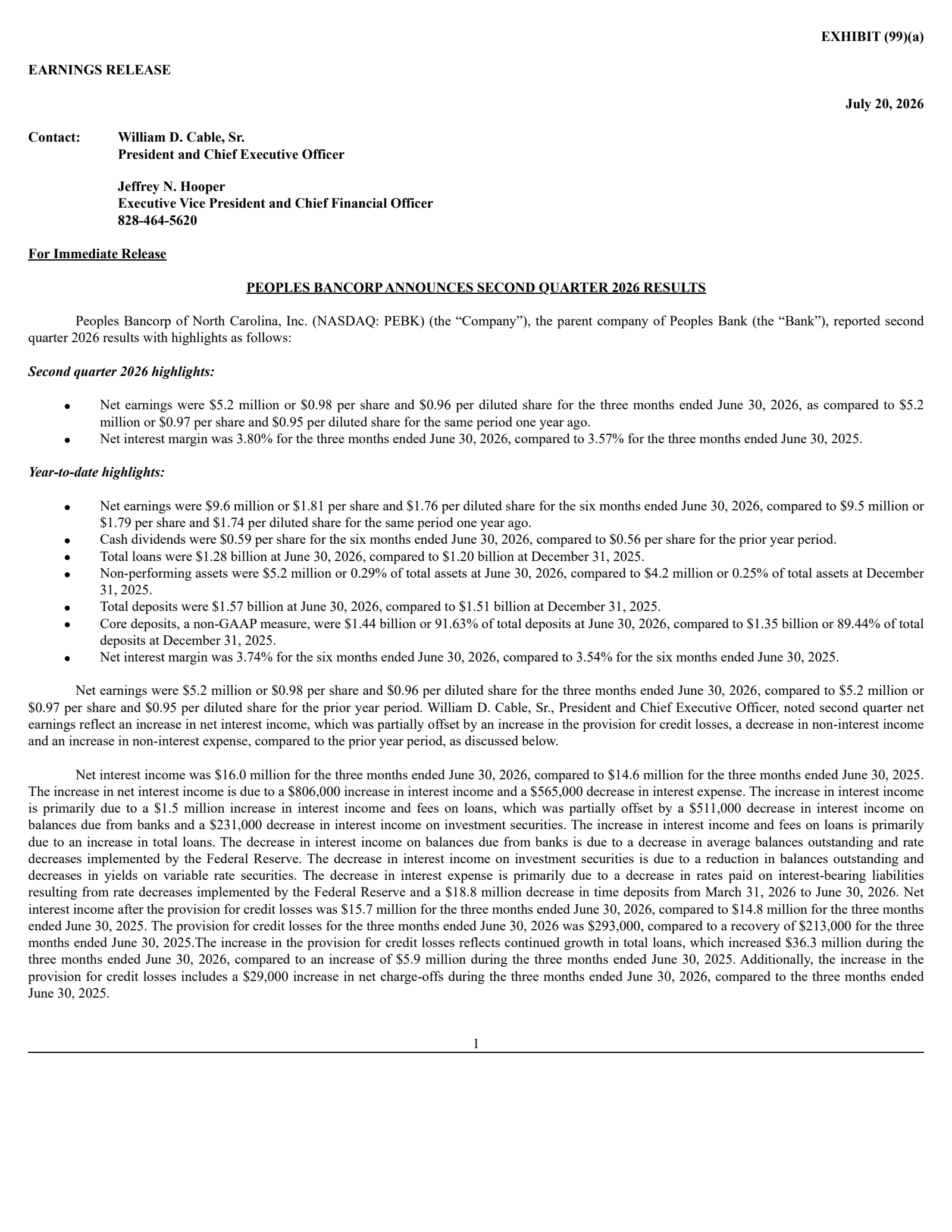 Peoples Bancorp of North Carolina's Q2 2026 Press Release