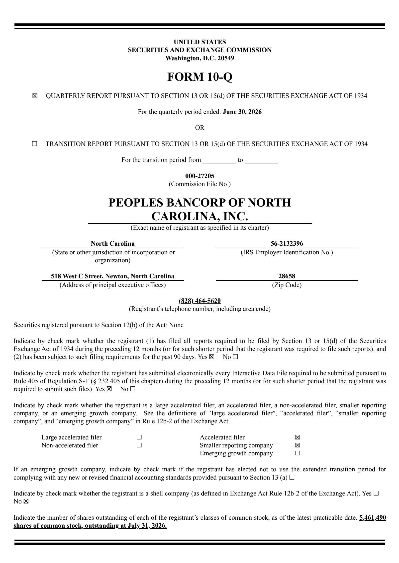 Peoples Bancorp of North Carolina's Q2 2026 Quarterly report