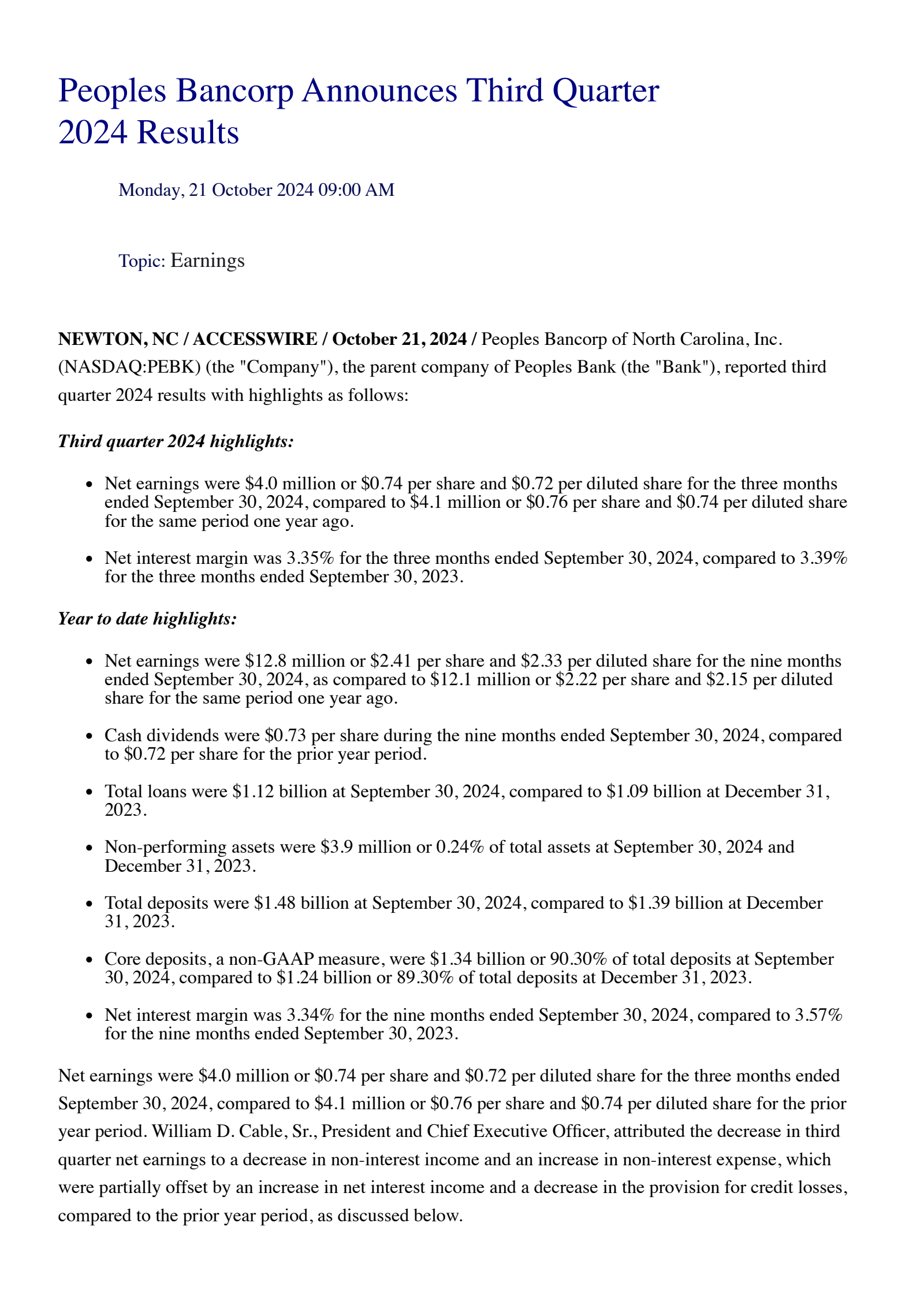 Peoples Bancorp of North Carolina's Q3 2024 Press Release