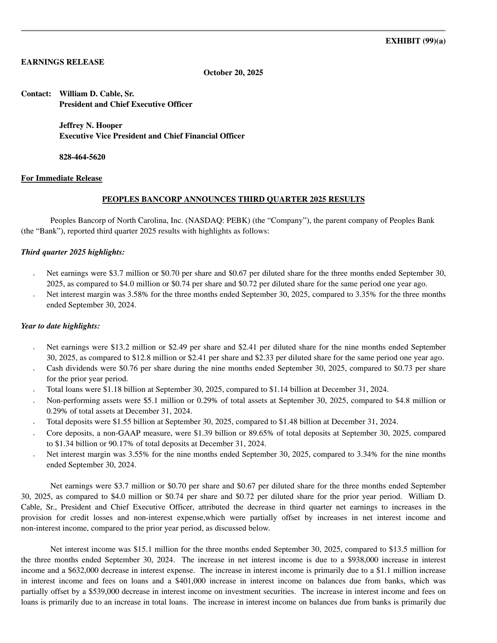 Peoples Bancorp of North Carolina's Q3 2025 Earnings Release