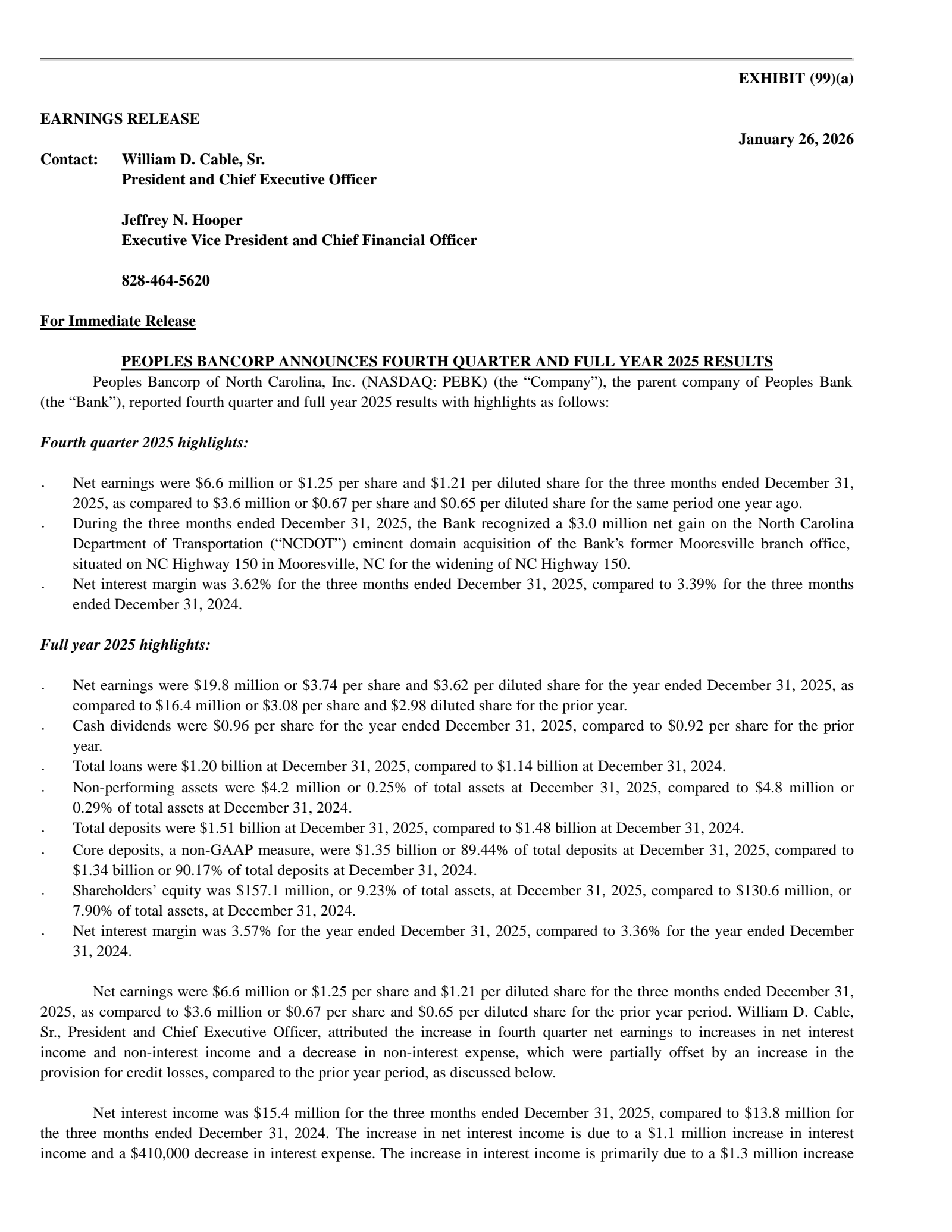 Peoples Bancorp of North Carolina's Q4 2025 Press Release