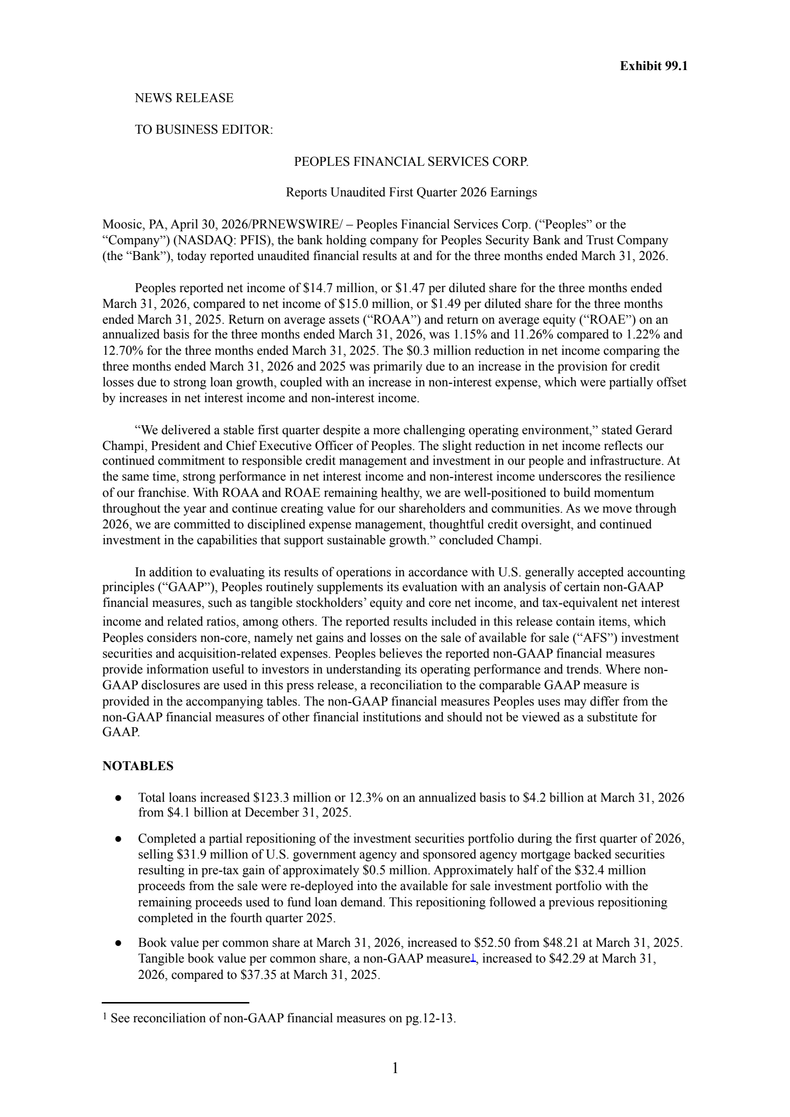 Peoples Financial Services' Q1 2026 Press Release