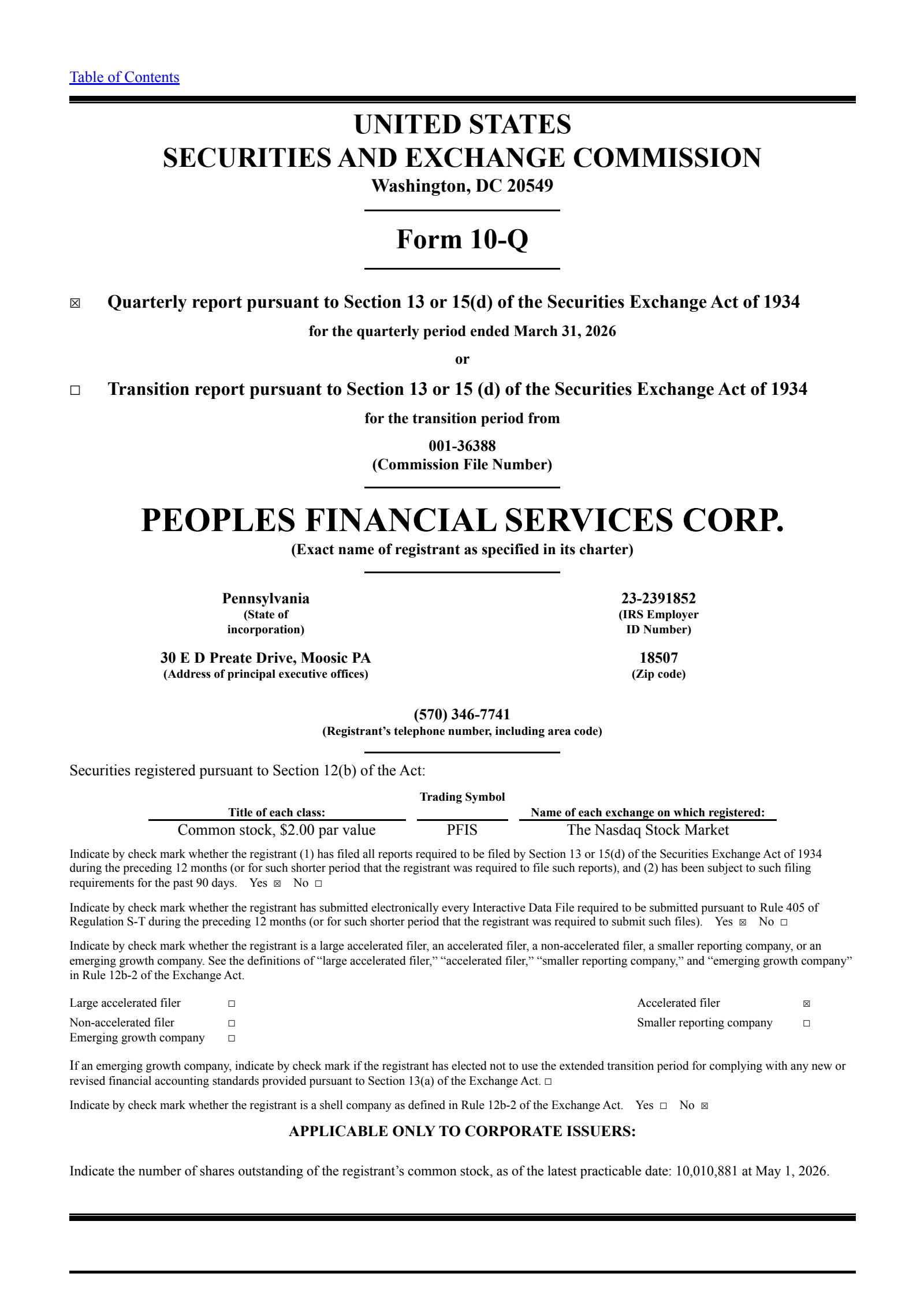 Peoples Financial Services' Q1 2026 Quarterly report