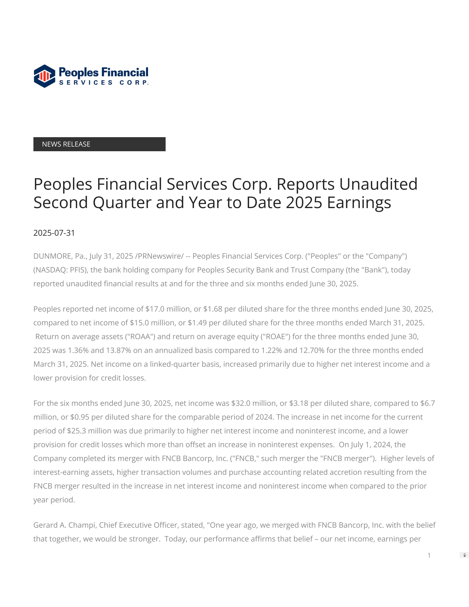 Peoples Financial Services' Q2 2025 Press Release