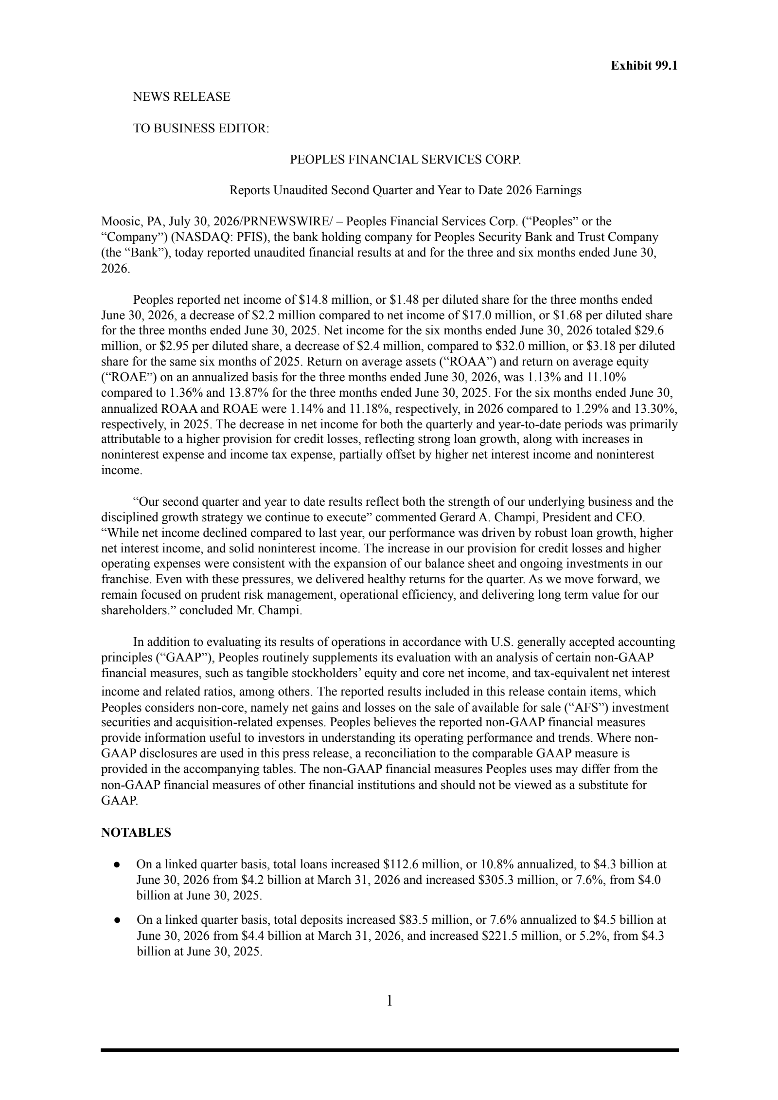 Peoples Financial Services' Q2 2026 Press Release
