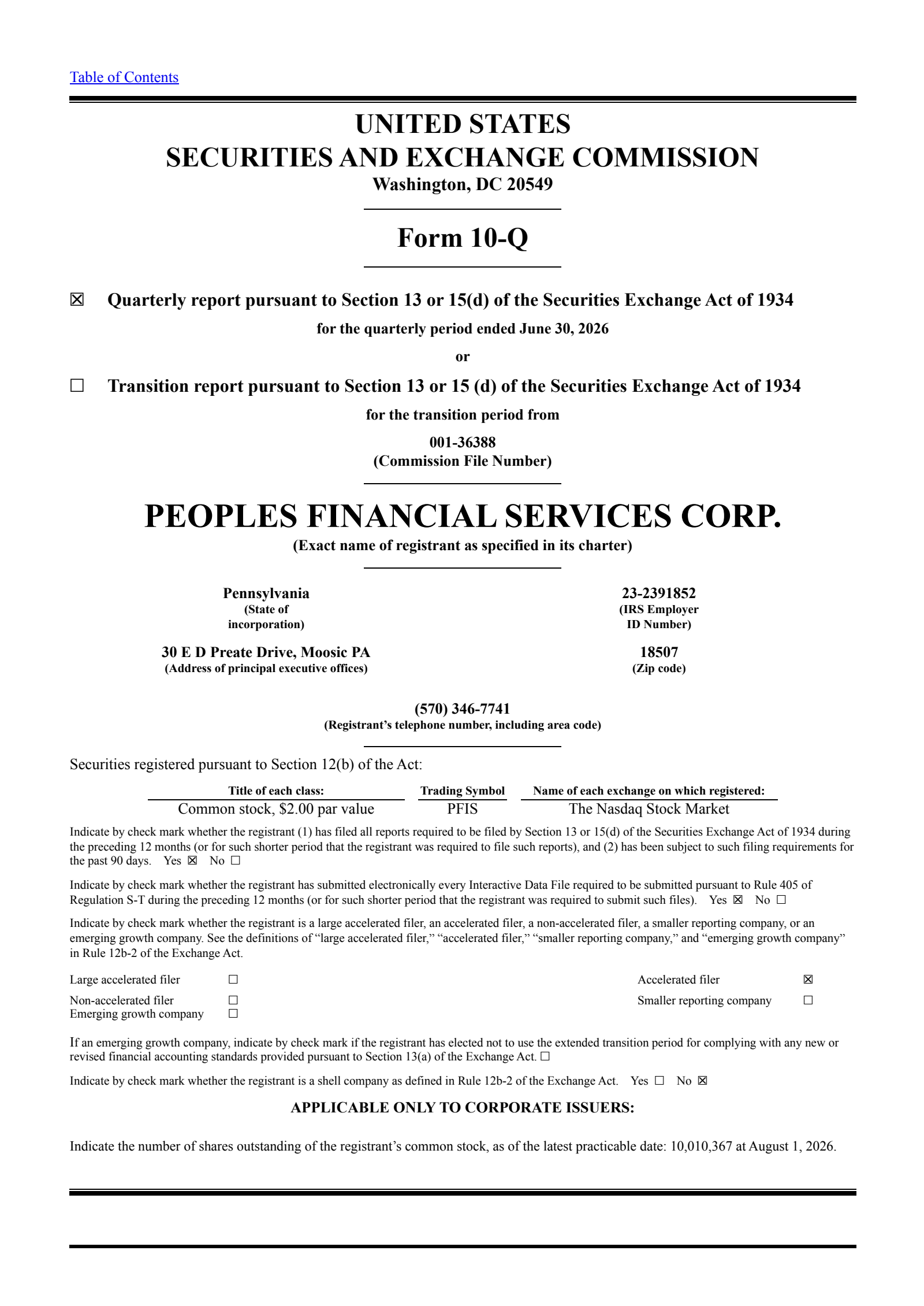 Peoples Financial Services' Q2 2026 Quarterly report