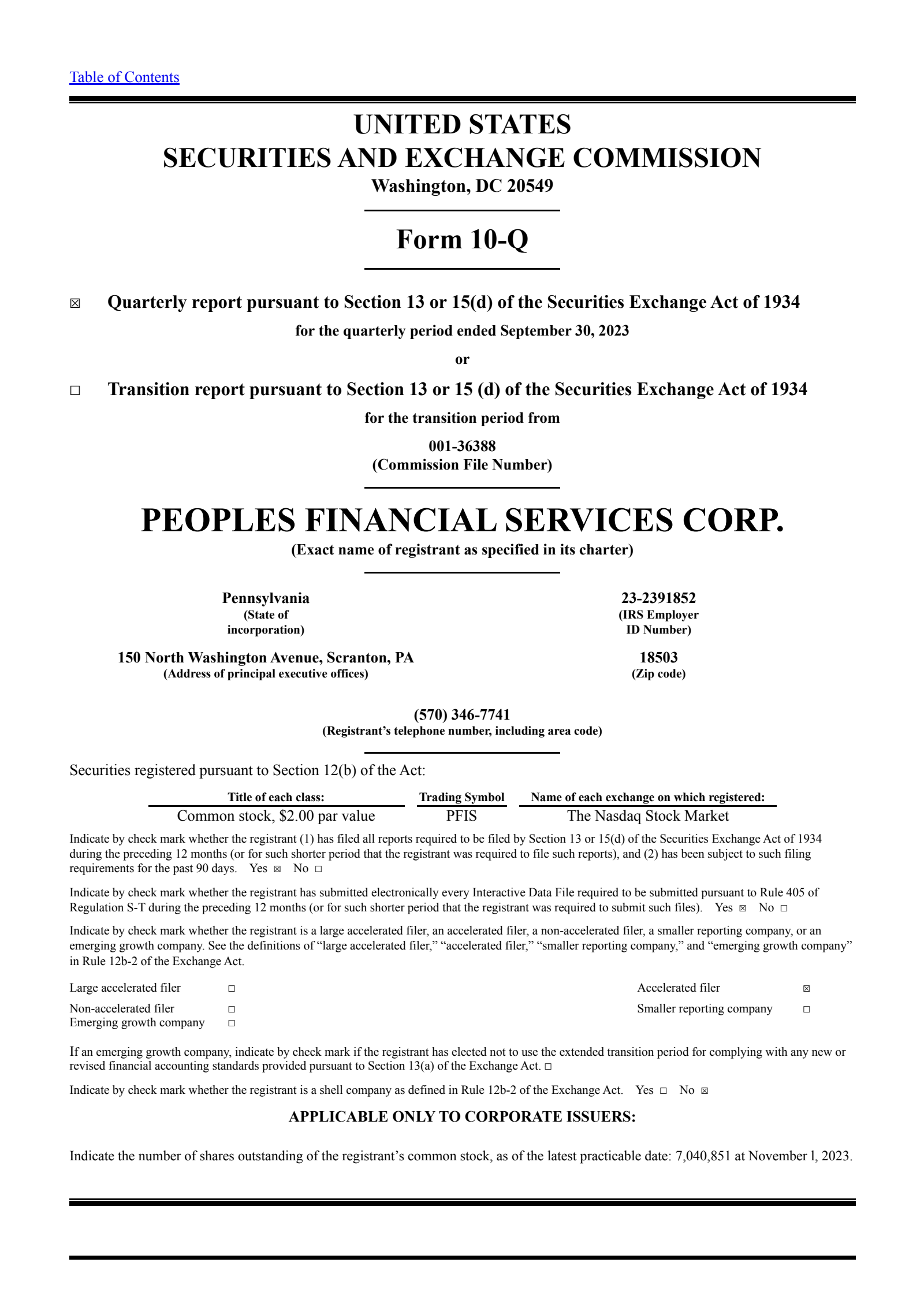 Peoples Financial Services' Q3 2023 Quarterly report