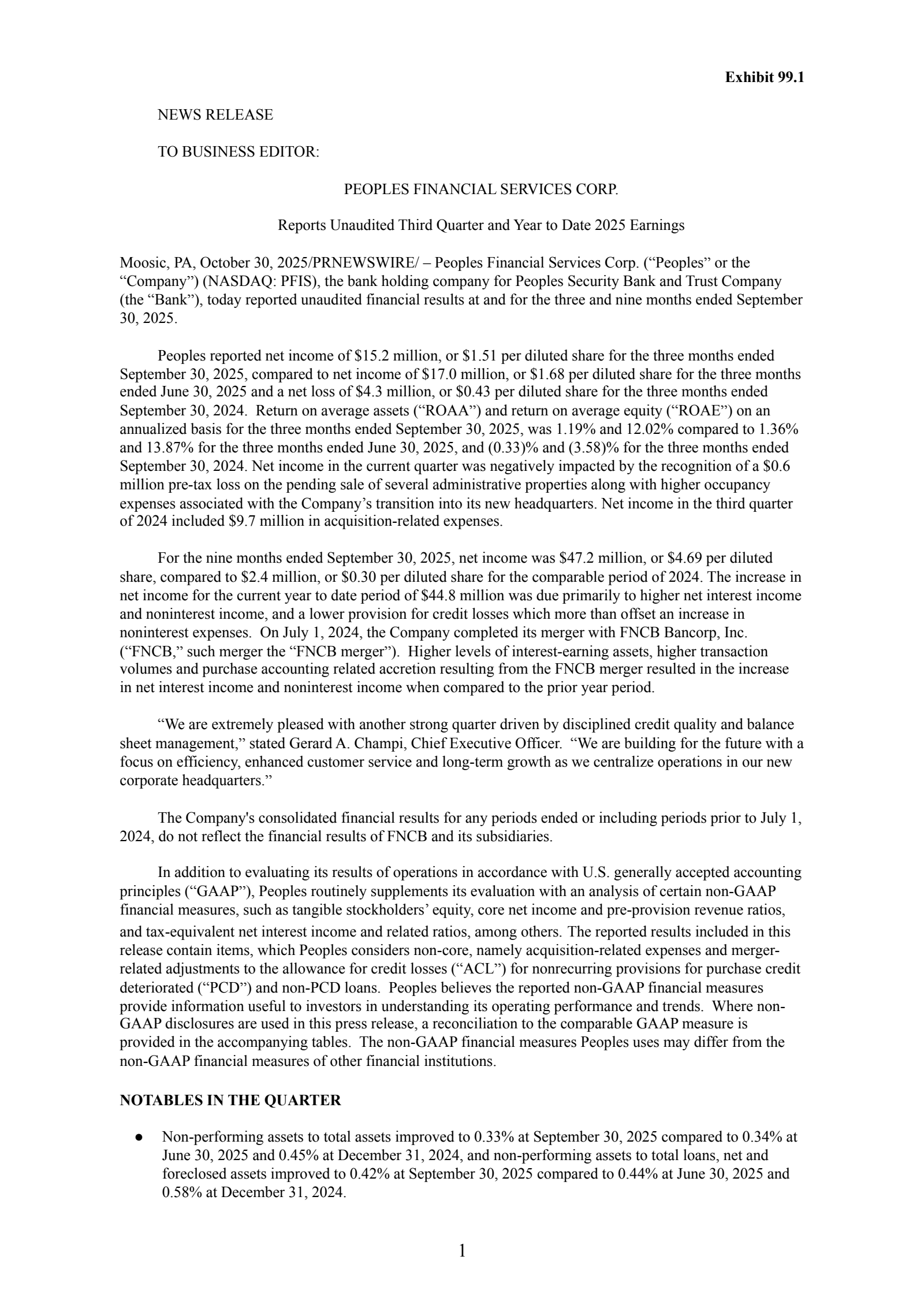Peoples Financial Services' Q3 2025 Earnings Release