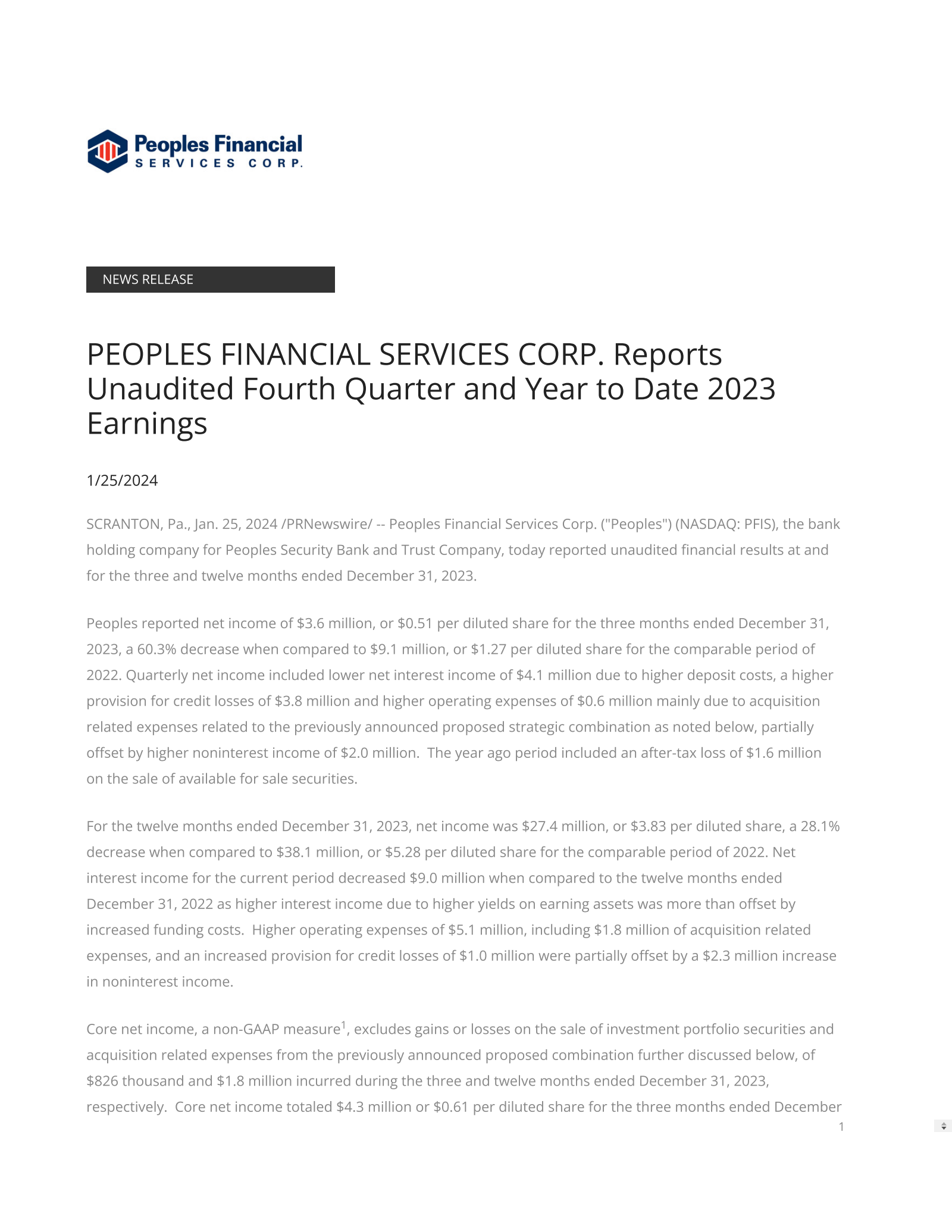 Peoples Financial Services' Q4 2023 Press Release