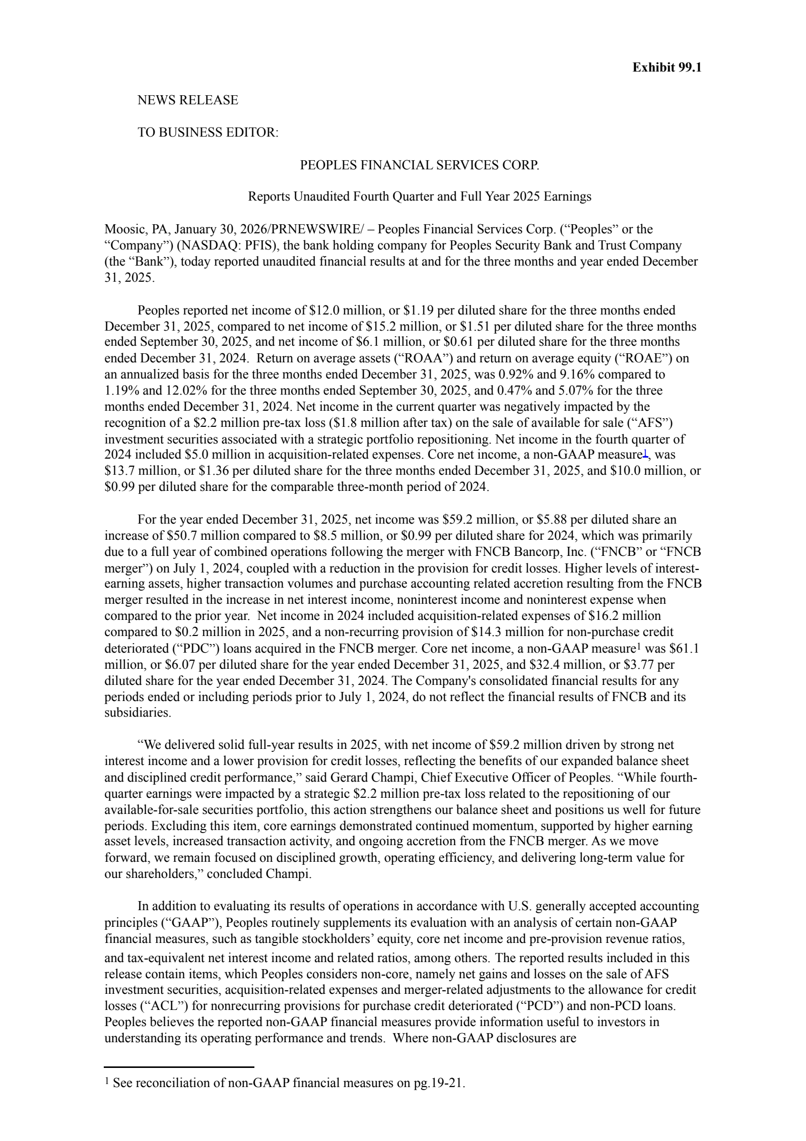Peoples Financial Services' Q4 2025 Press Release