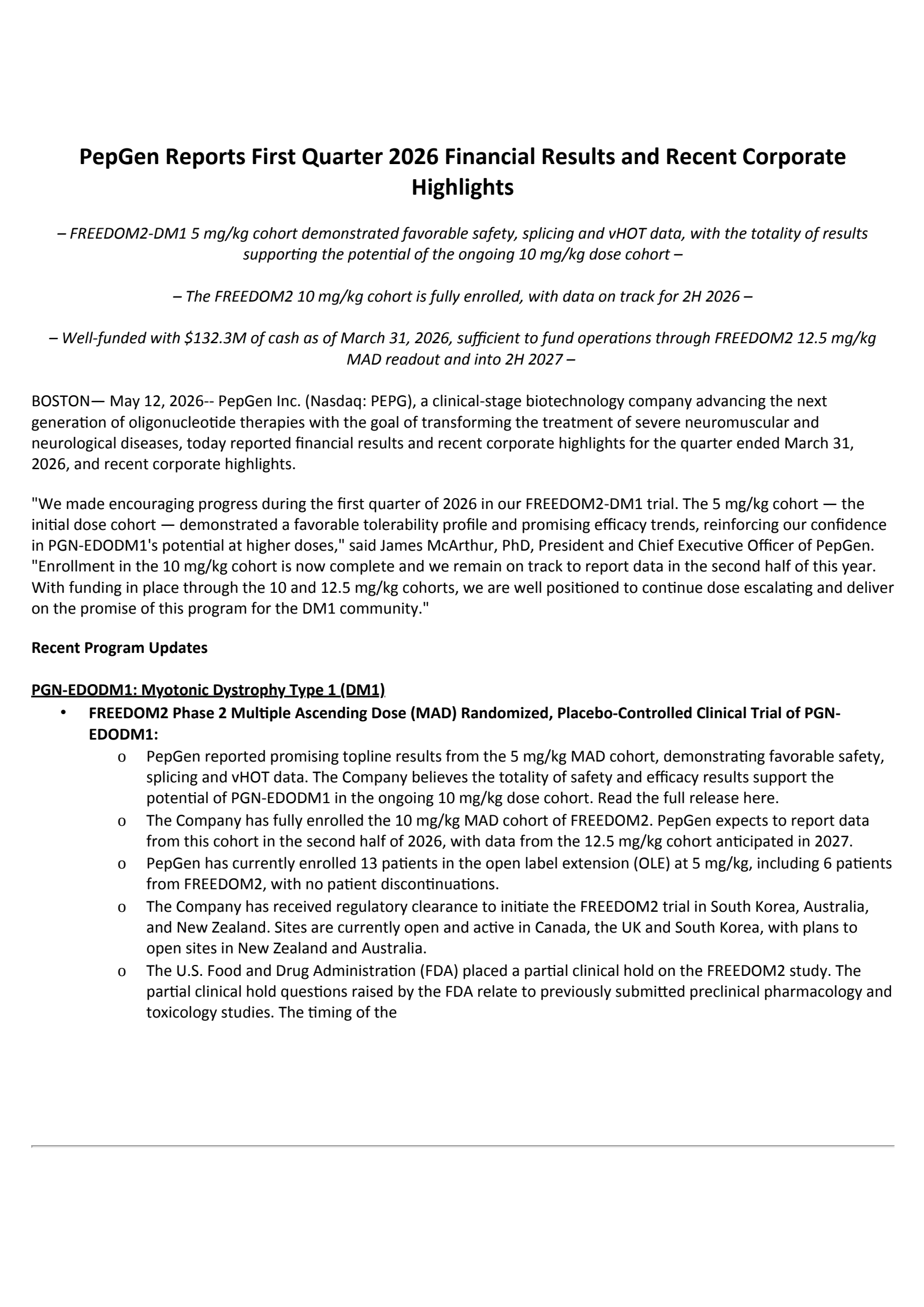 PepGen's Q1 2026 Press Release