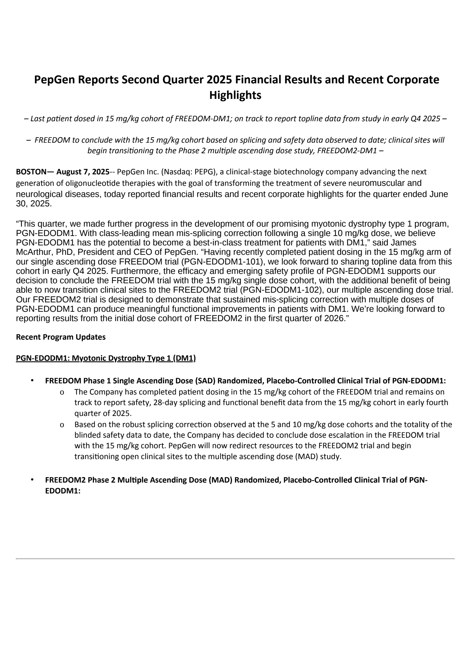 PepGen's Q2 2025 Press Release