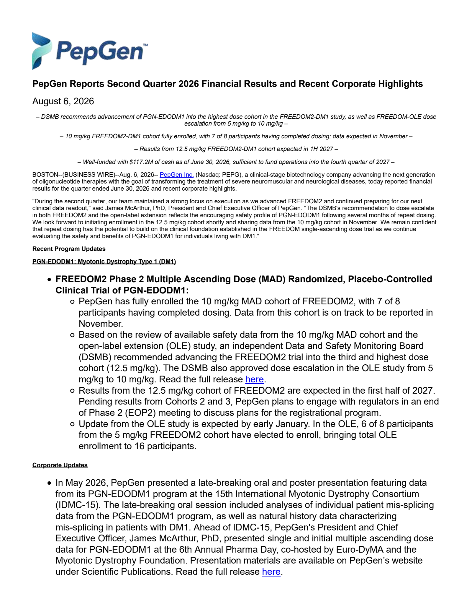 PepGen's Q2 2026 Press Release