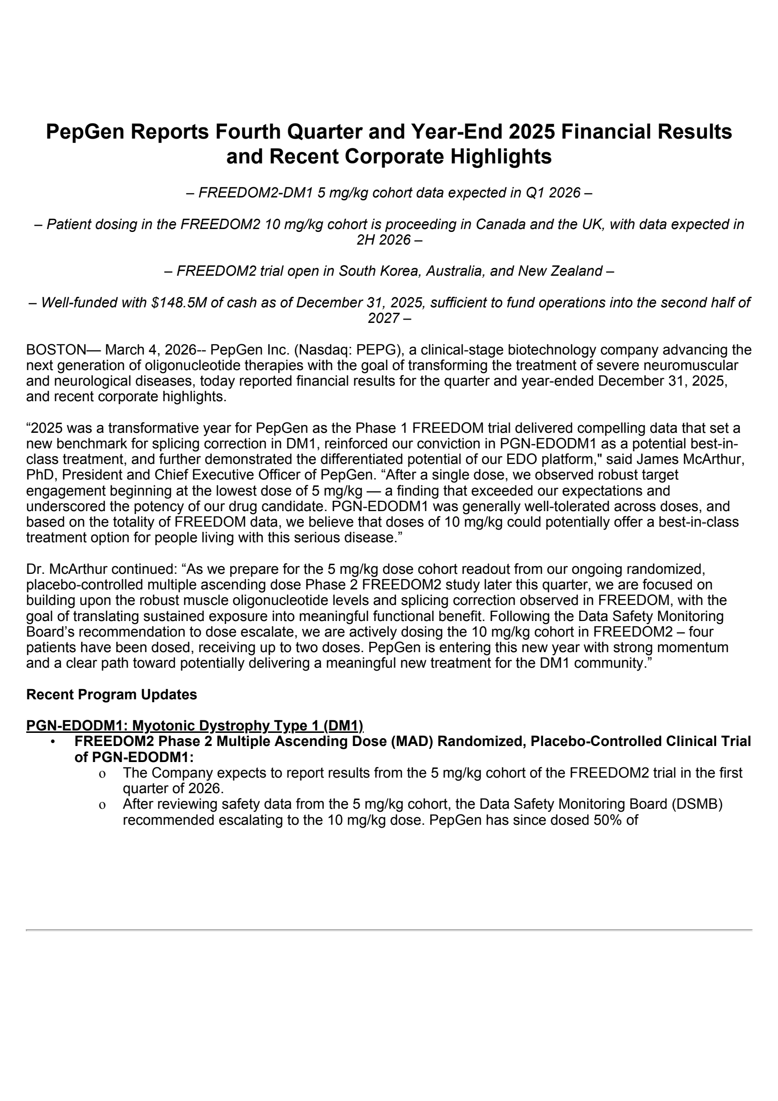 PepGen's Q4 2025 Press Release