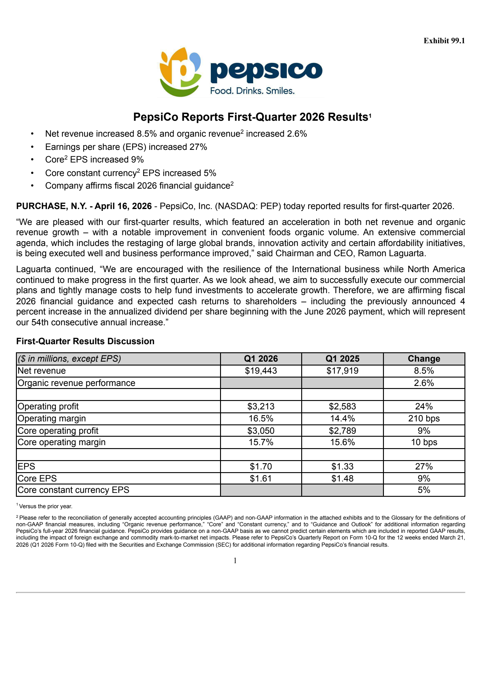 PepsiCo's Q1 2026 Press Release